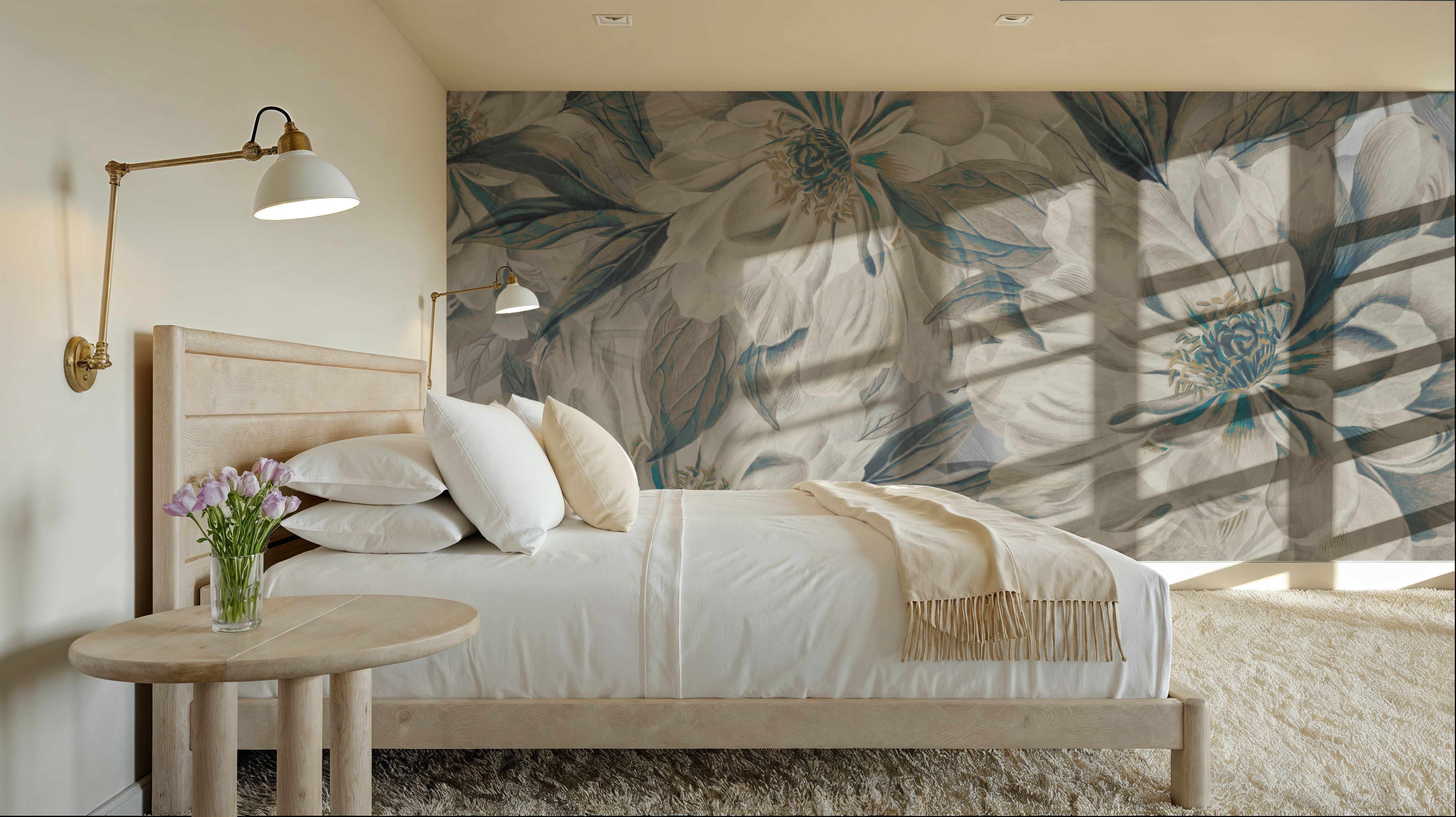 Peony Study - Cream and Teal, Wallpaper