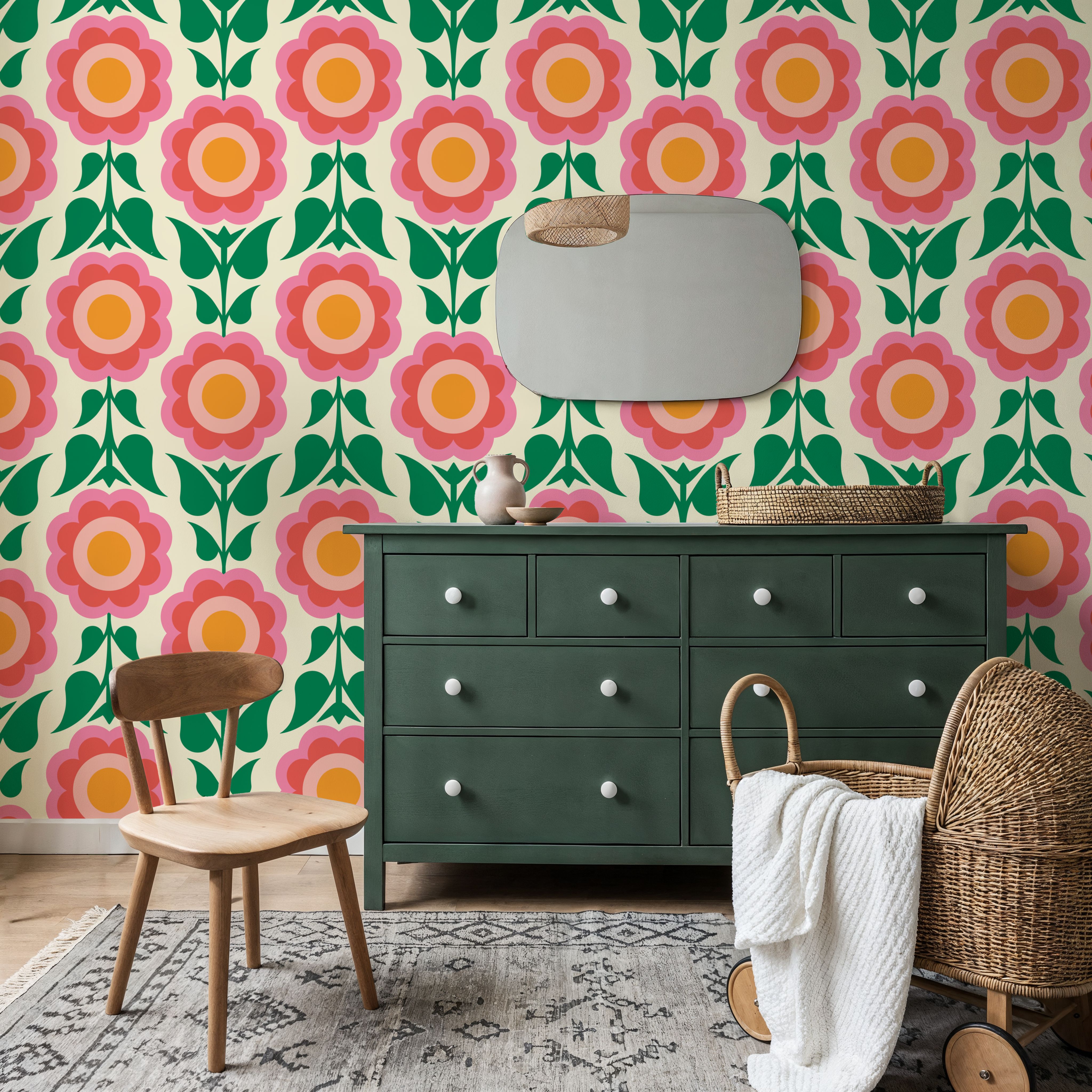Retro Bold Blooms, Pink, Wallpaper