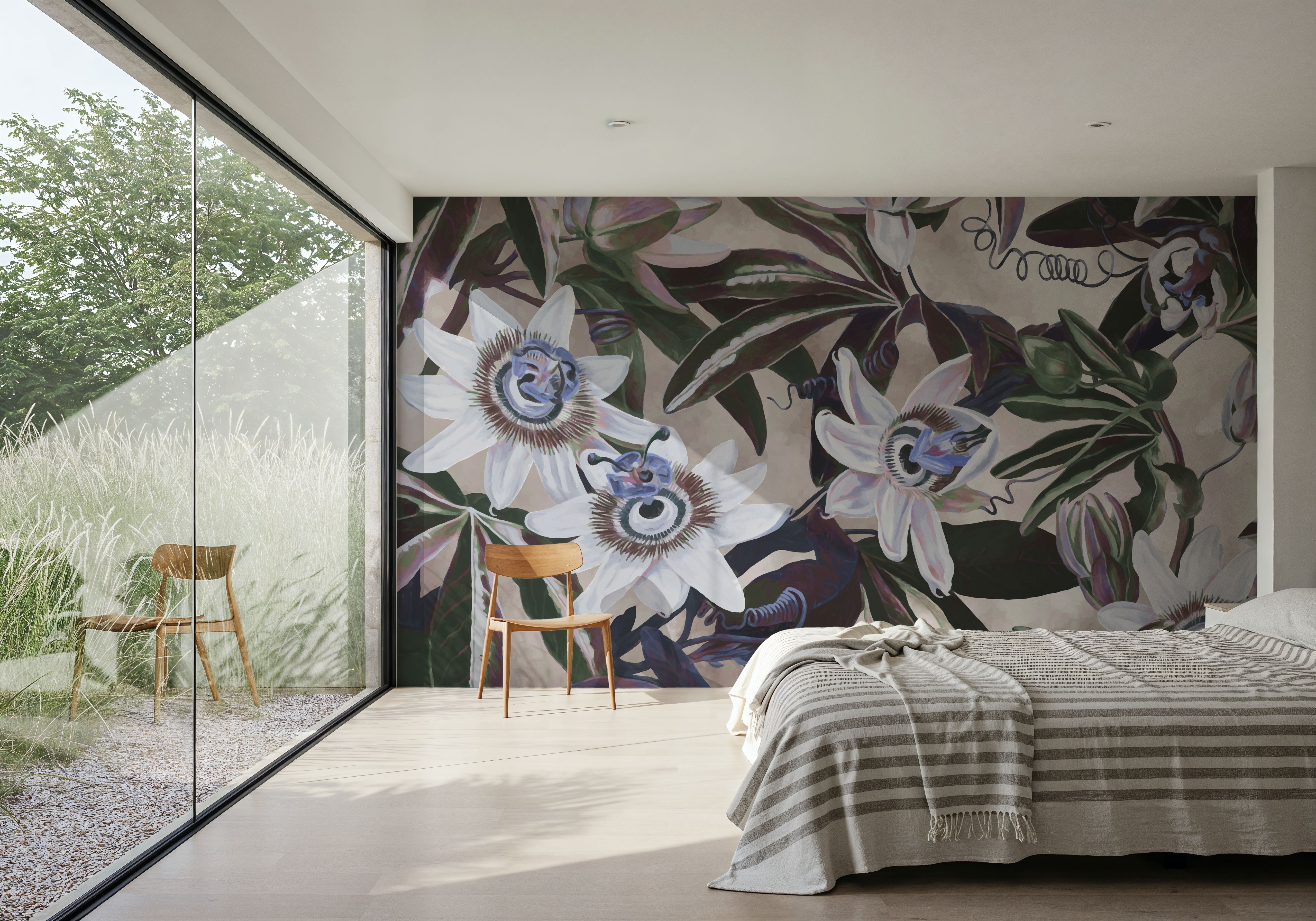 White Passiflora Beige Blue, Papier peint