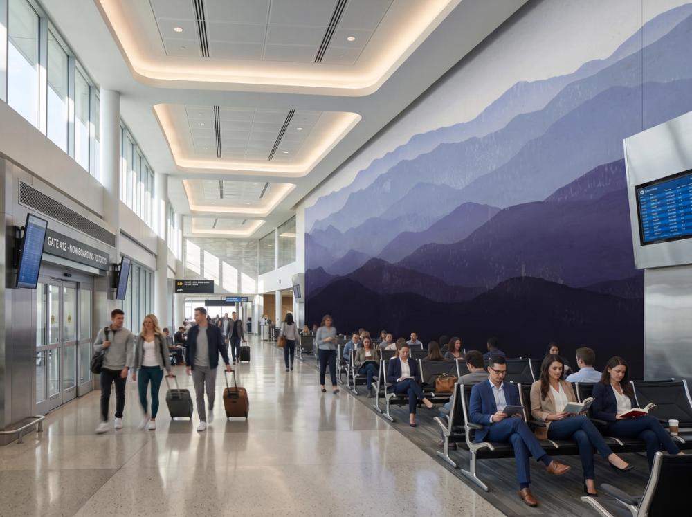 an interior image of a departure waiting gate area at an airport with a horizon wall mural in purple on the wall