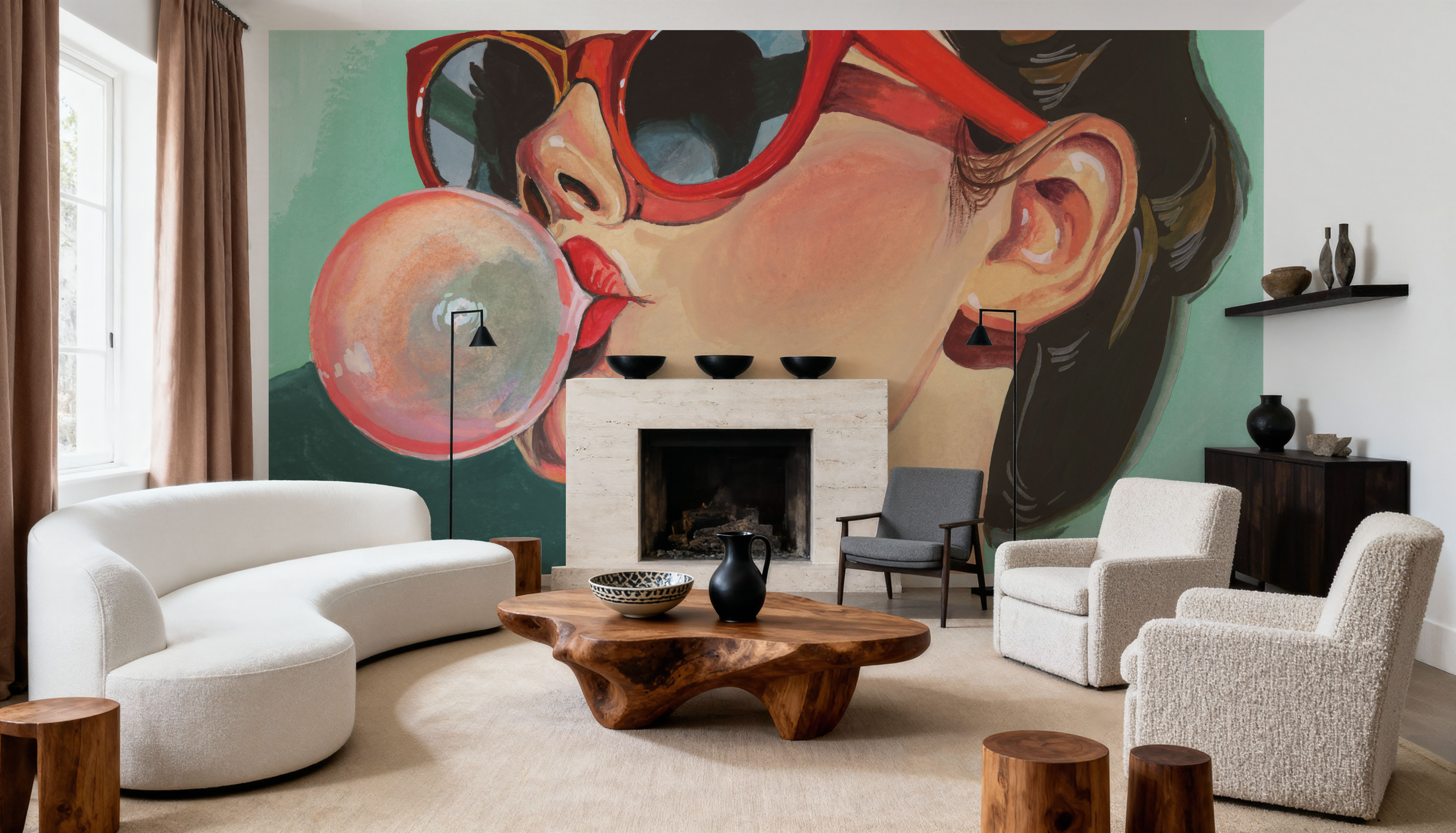 Retro Bubblegum Girl Teal, Behang