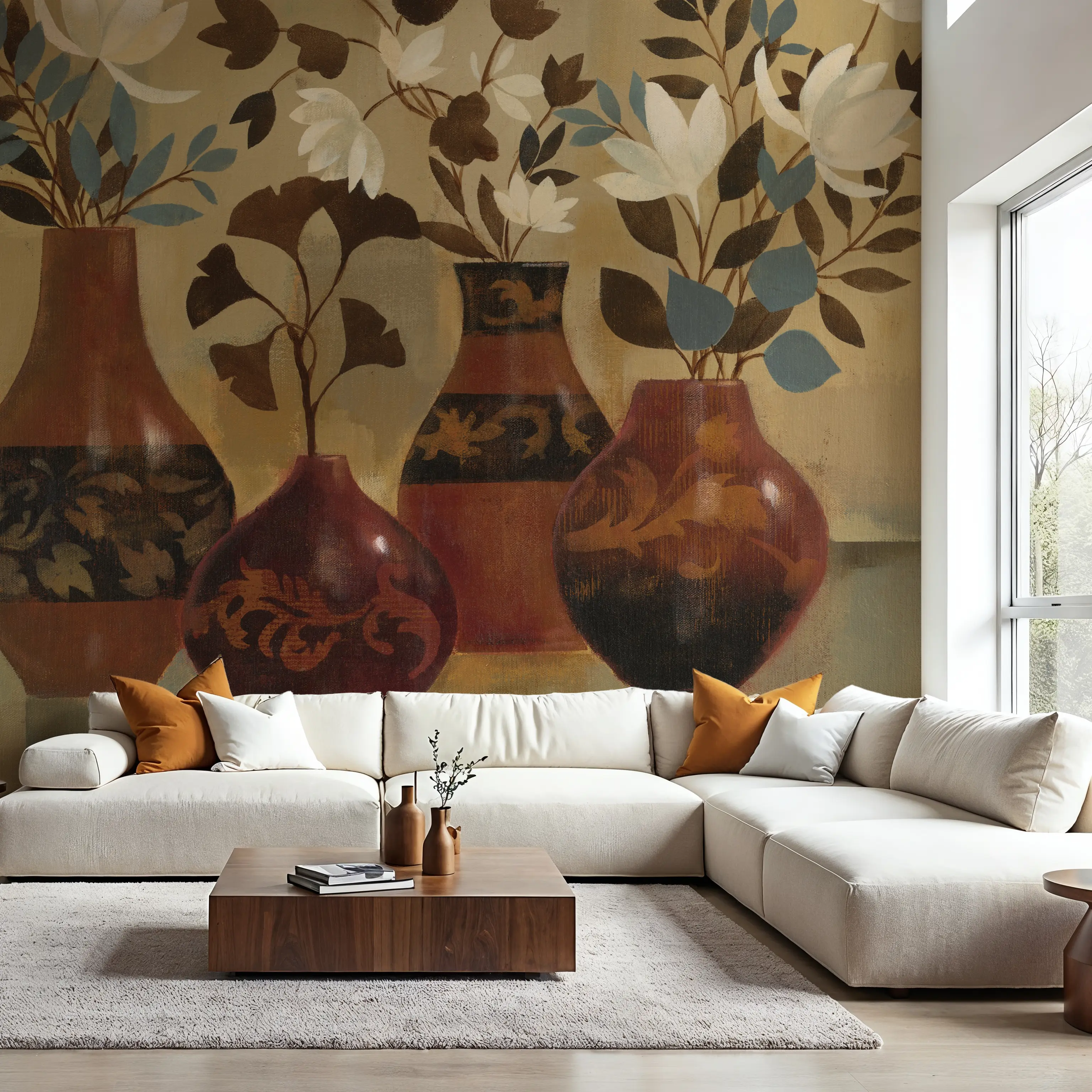 Fotobehang - Decorative Vases - Hedendaagse Kunst Natuur Mural - Bruin - Woonkamer - Wallism België - Zelfklevend of Vliesbehang