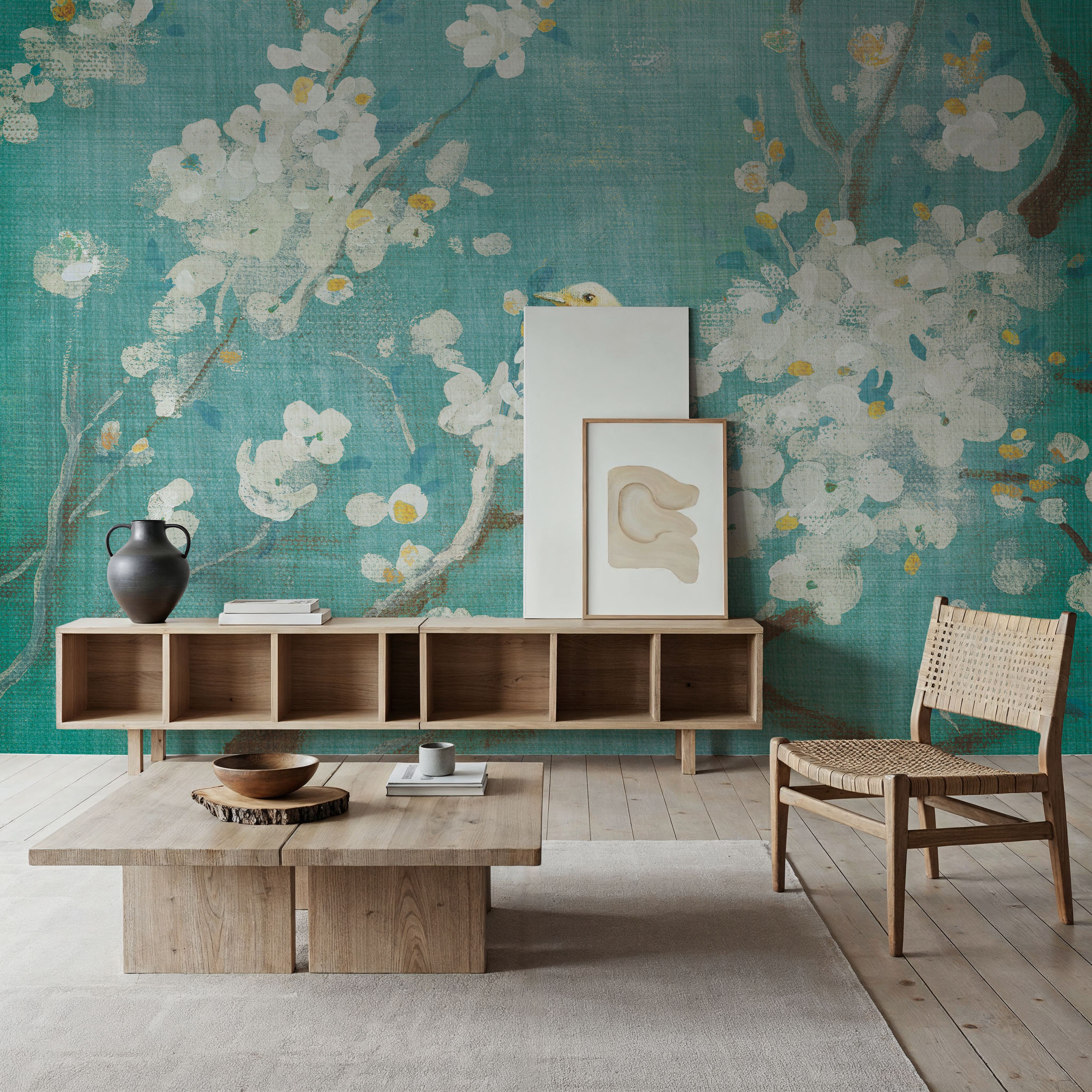 White Cherry Blossoms I on Blue Aged
