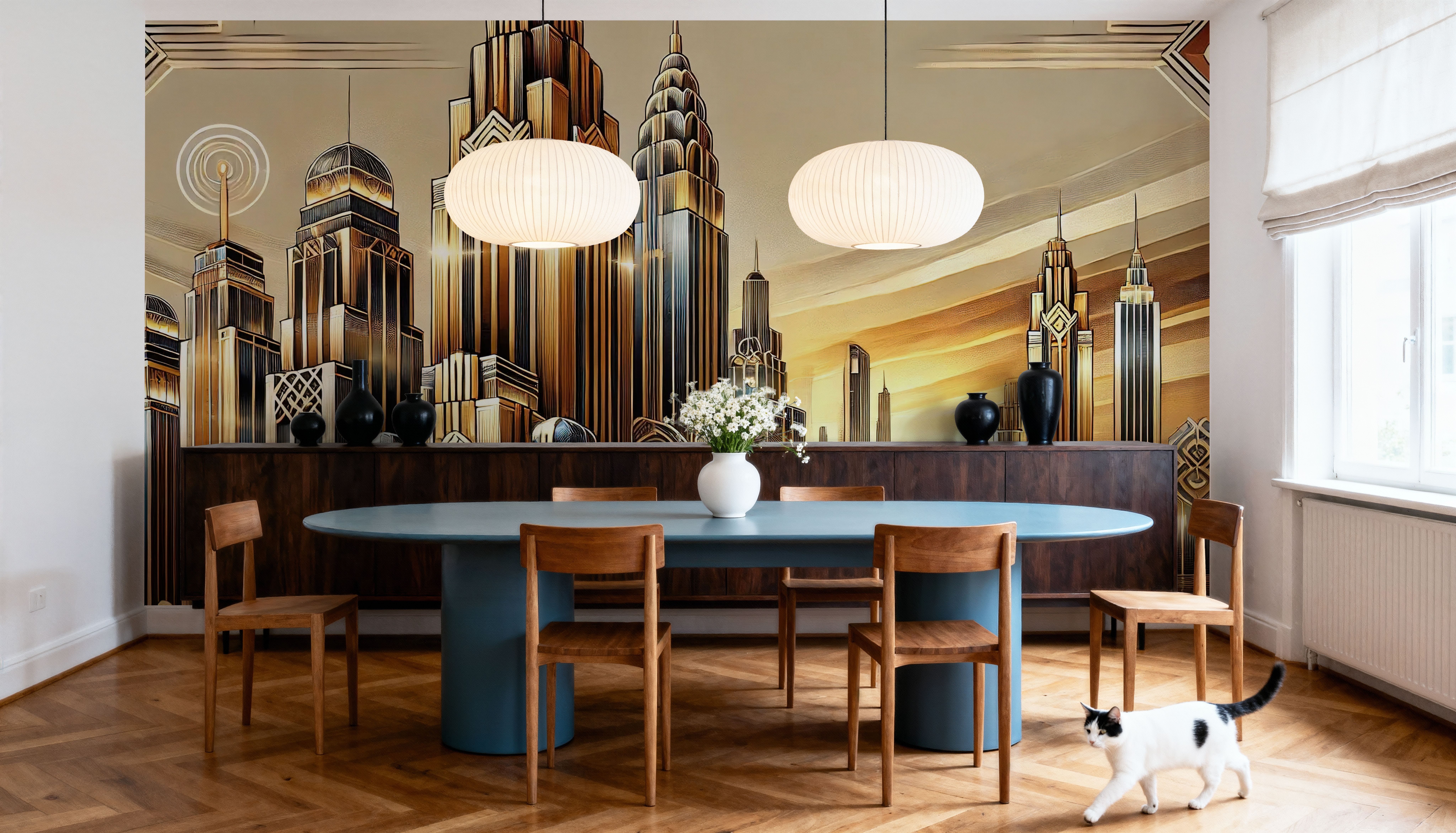 Golden City Skyline at Sunset in Art Deco