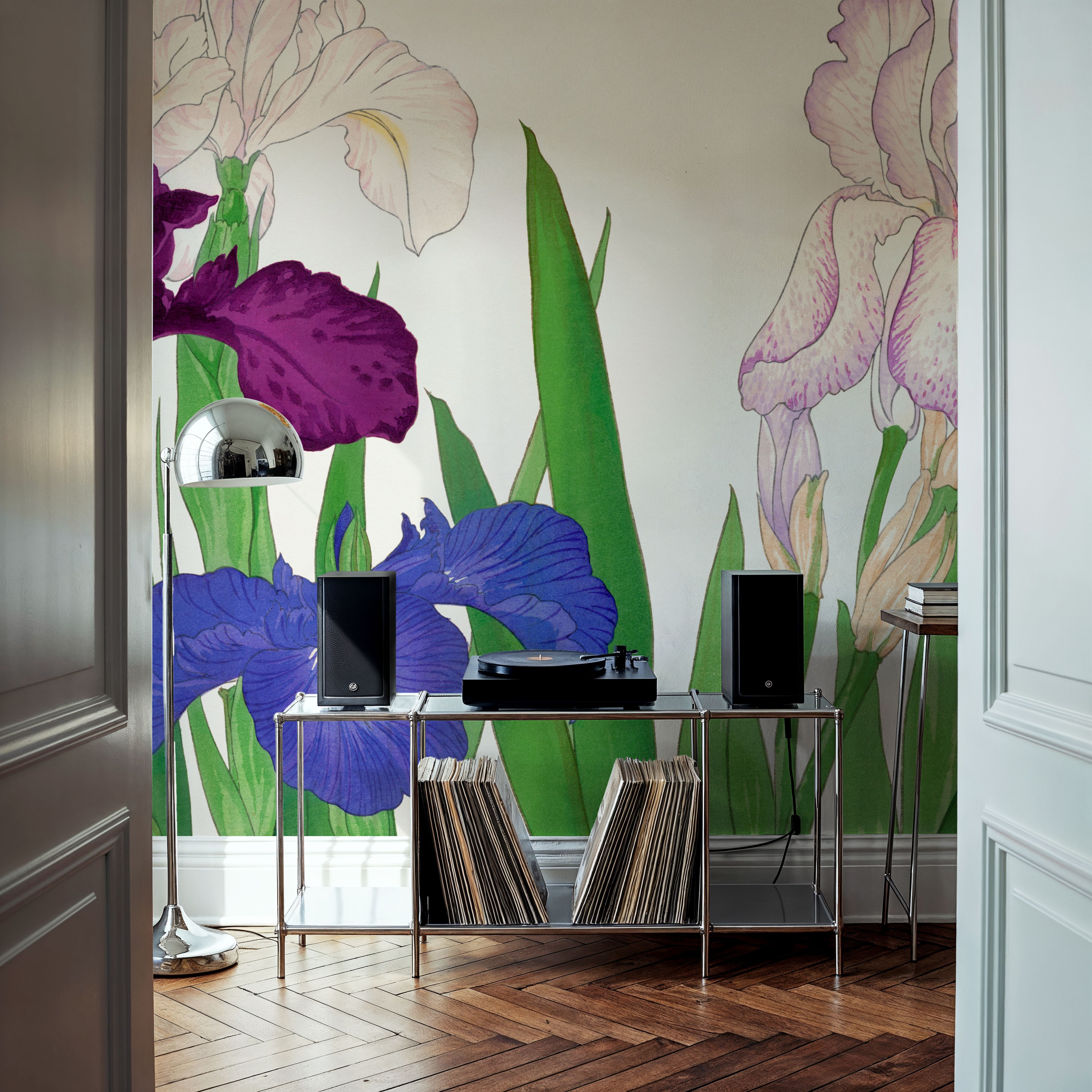 Wall Mural - Tanigami irises - Floral Nature mural wallpaper - Purple - Dining Room - Wallism US - Premium, Textured or Peel & Stick