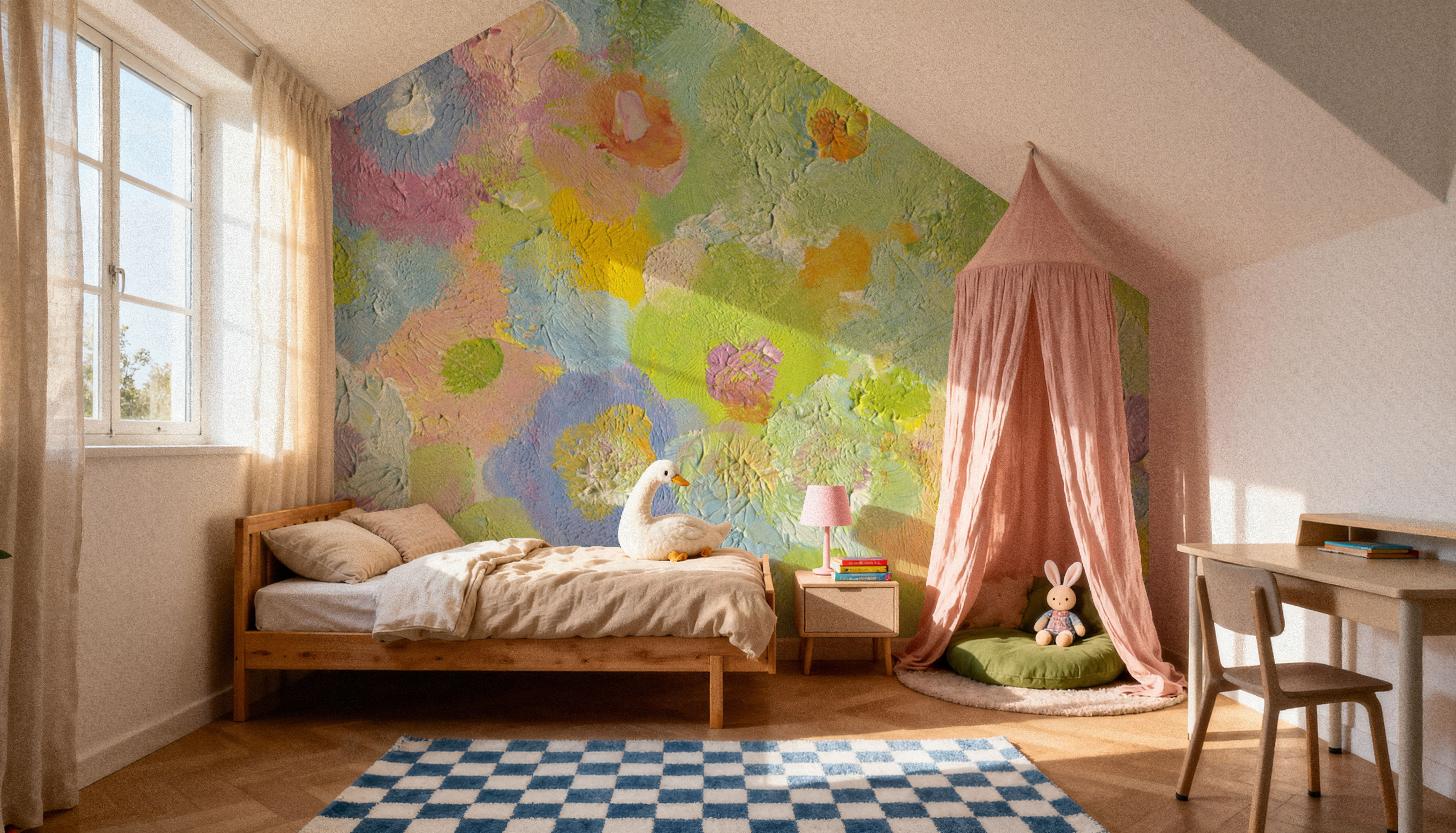 Happy Oil Painted Flowers, Green & Yellow