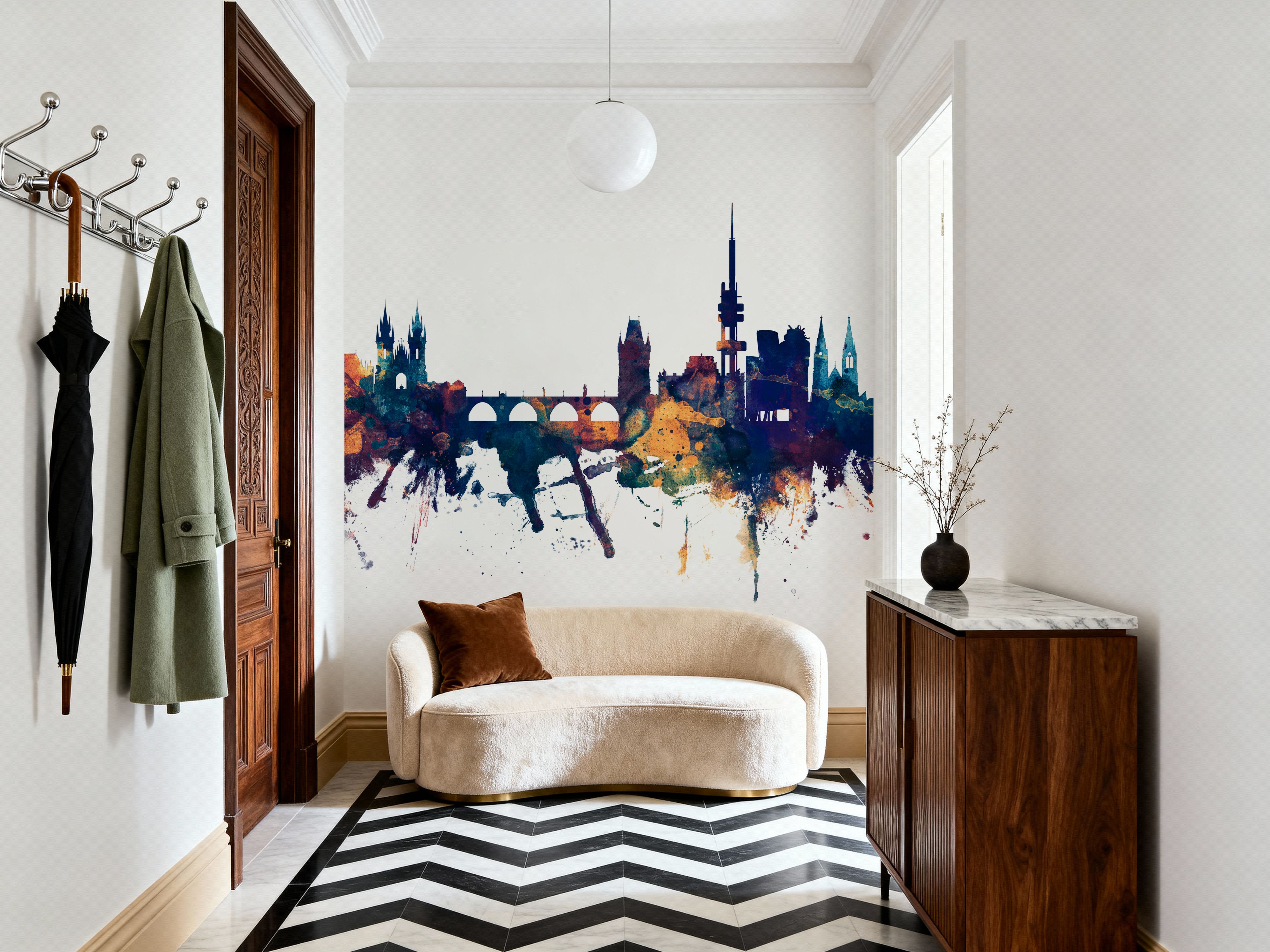 Prague (Praha) Czech Republic Skyline Blue & Bronze, Papel pintado