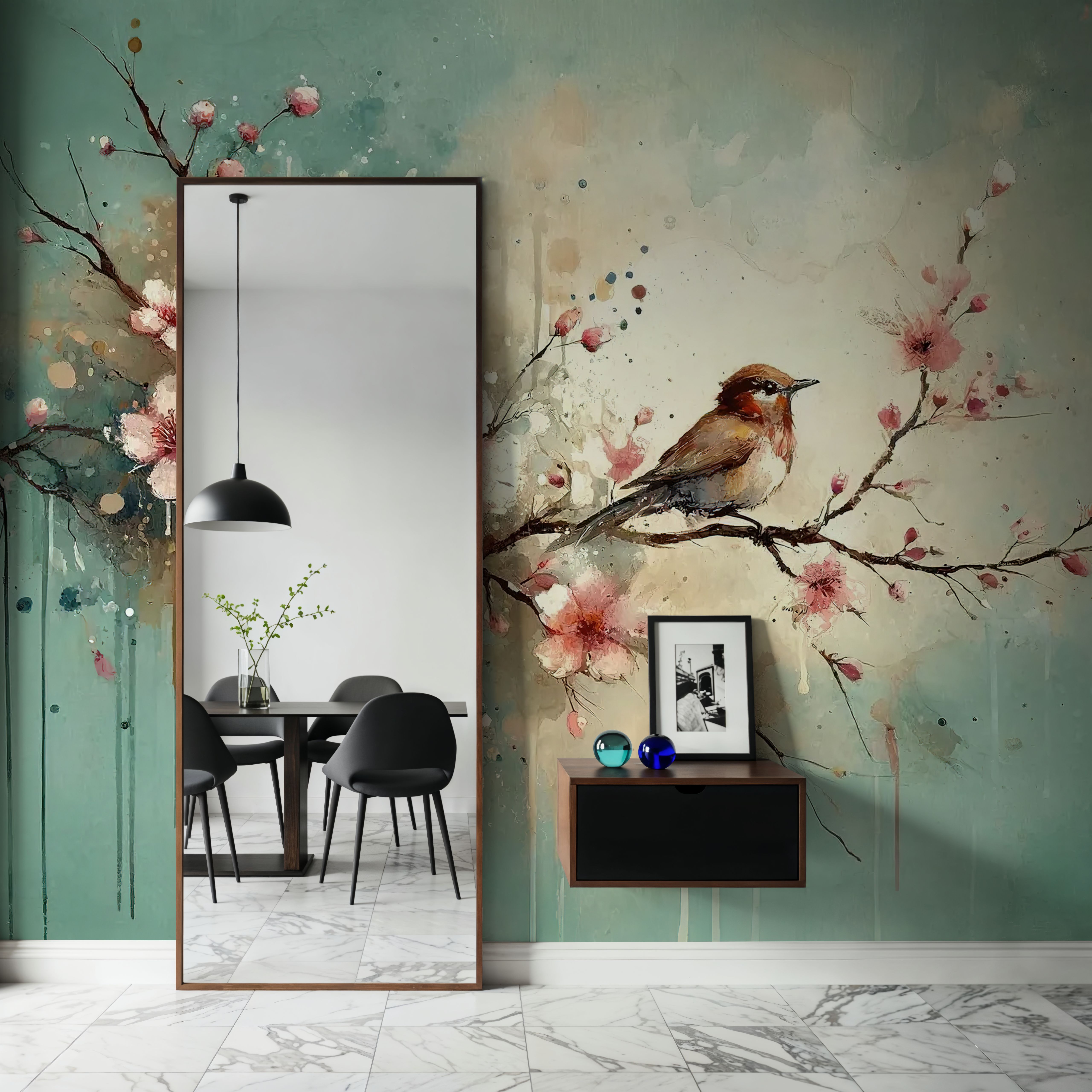 Cherry Blossoms Whispers on Teal Breeze