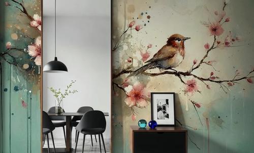 Cherry Blossoms Whispers on Teal Breeze