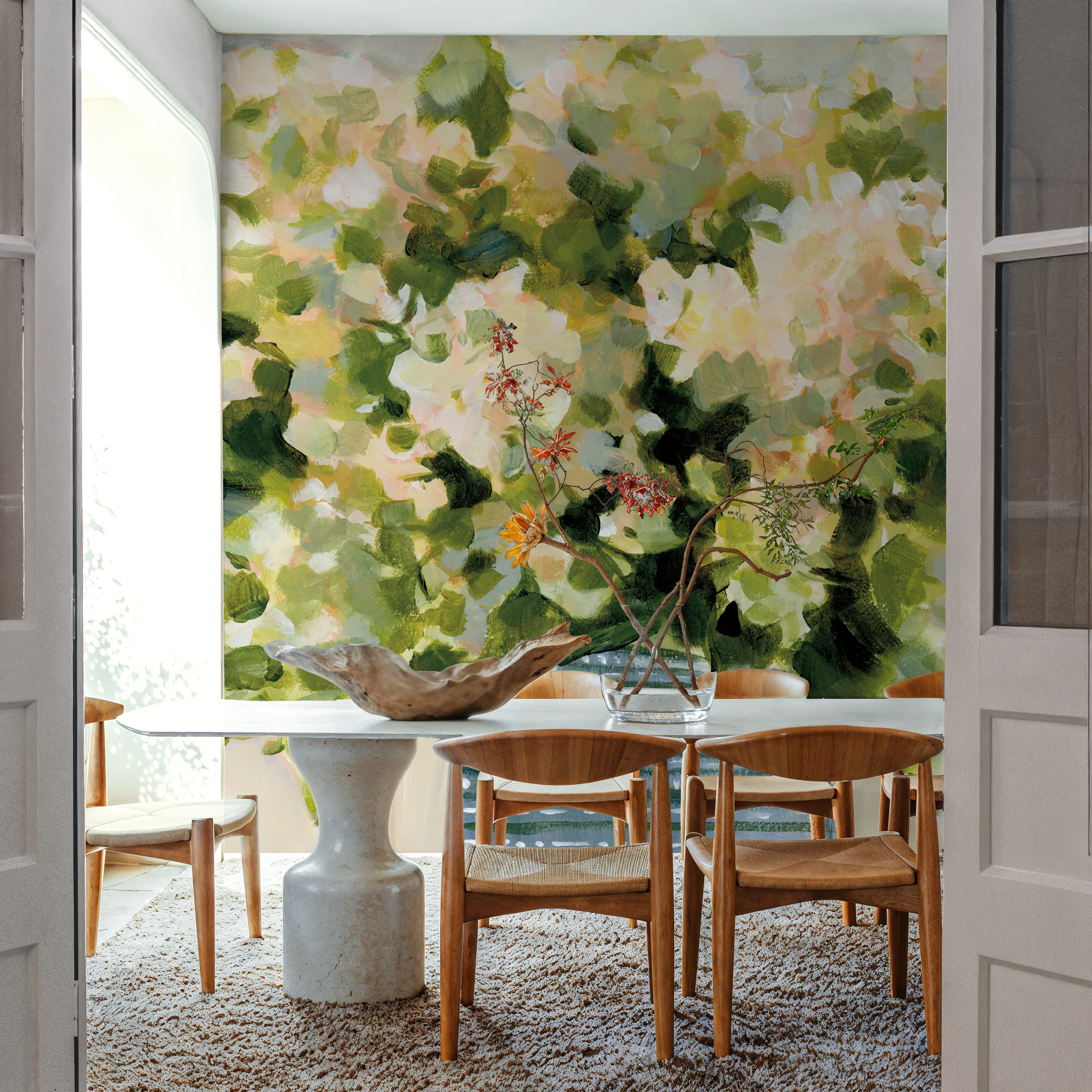 Papier Peint Panoramique - Hydrangeas in Vase - Contemporain Floral - Vert - Salle à manger - Wallism Belgique - Encollage au mur ou Autocollant