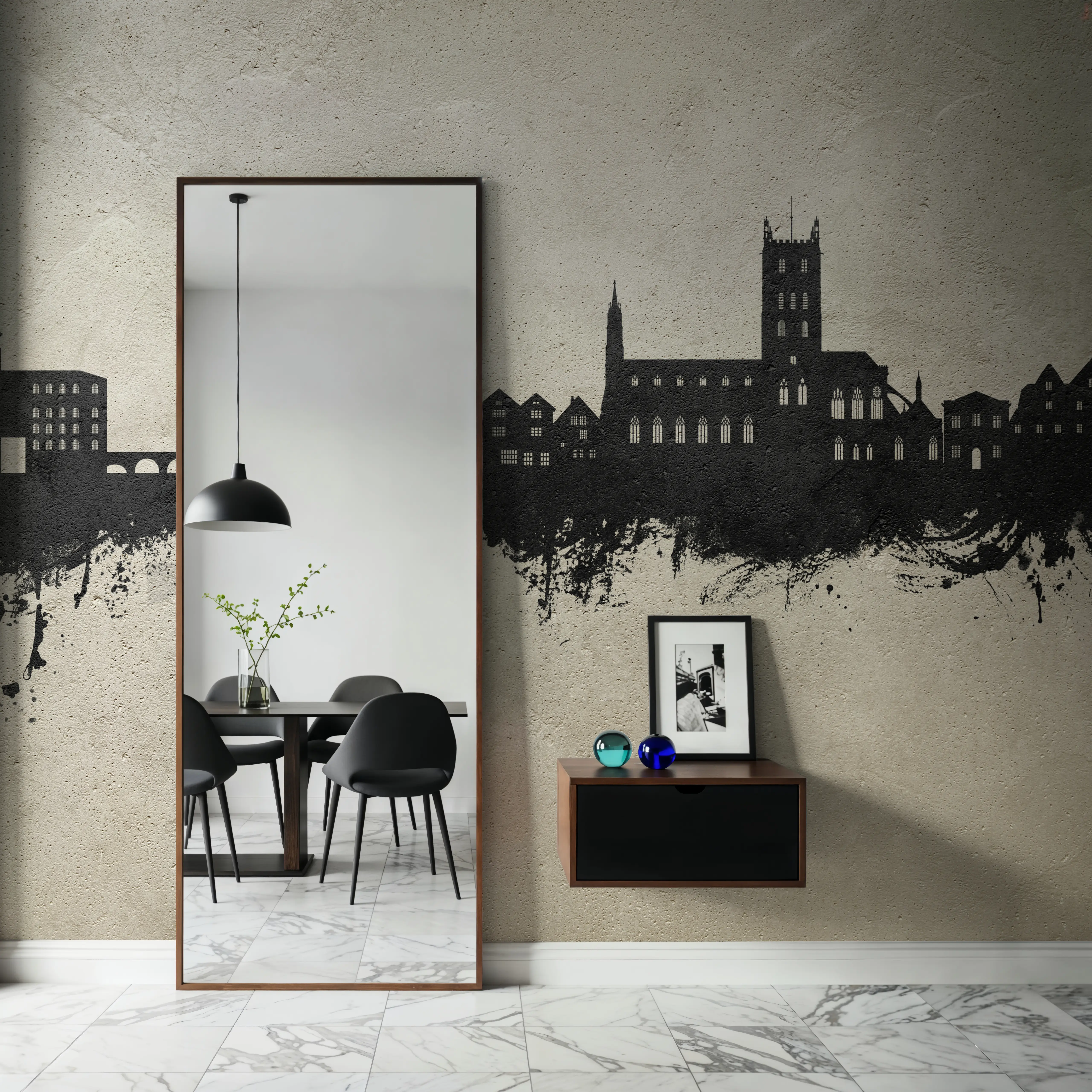Fotobehang - Tewkesbury England Skyline Concrete - Architectuur Grafische Kunst Mural - Grijs - Woonkamer - Wallism België