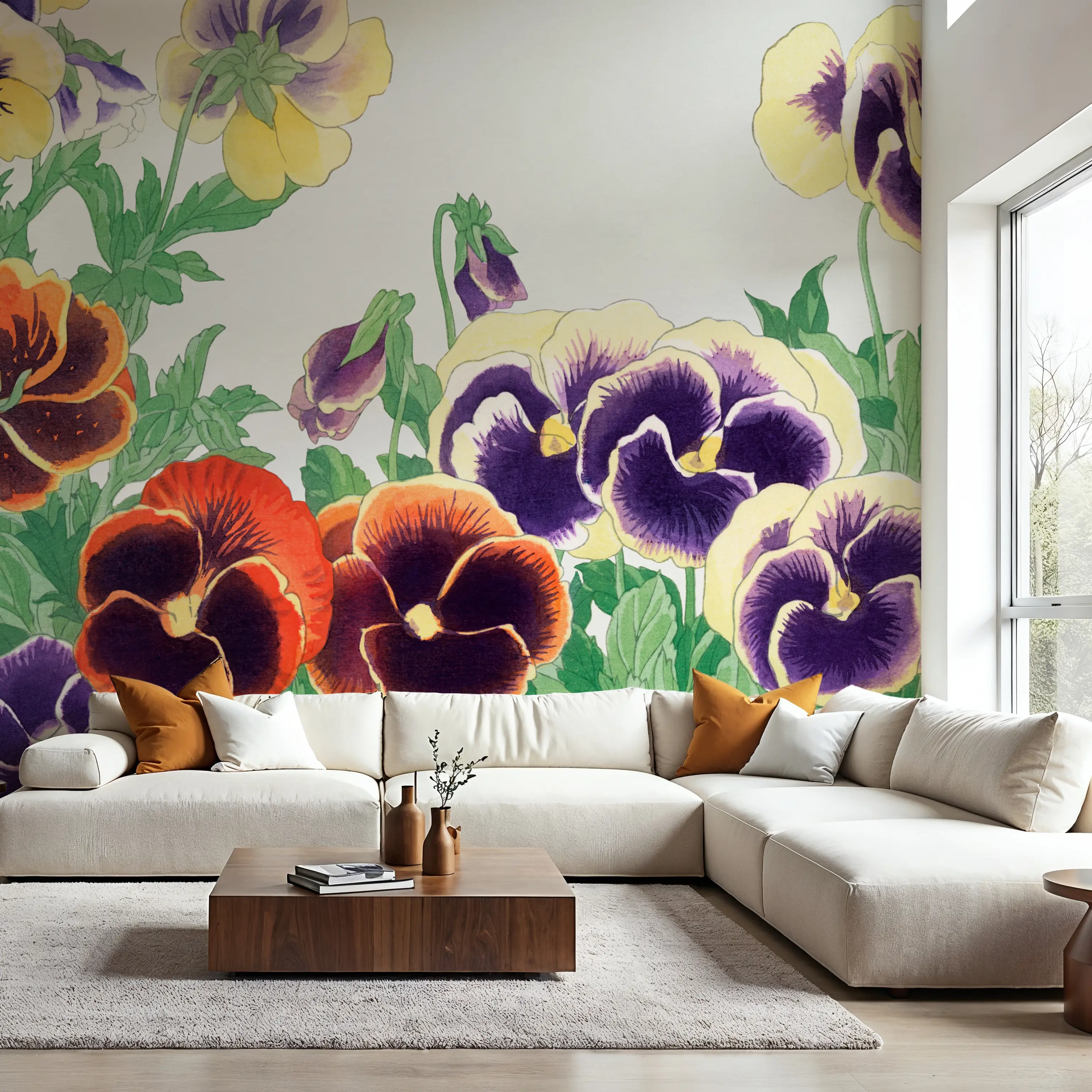 Papier Peint Panoramique - Tanigami Pansy - Floral Nature - Orange - Chambre - Wallism Belgique - Encollage au mur ou Autocollant