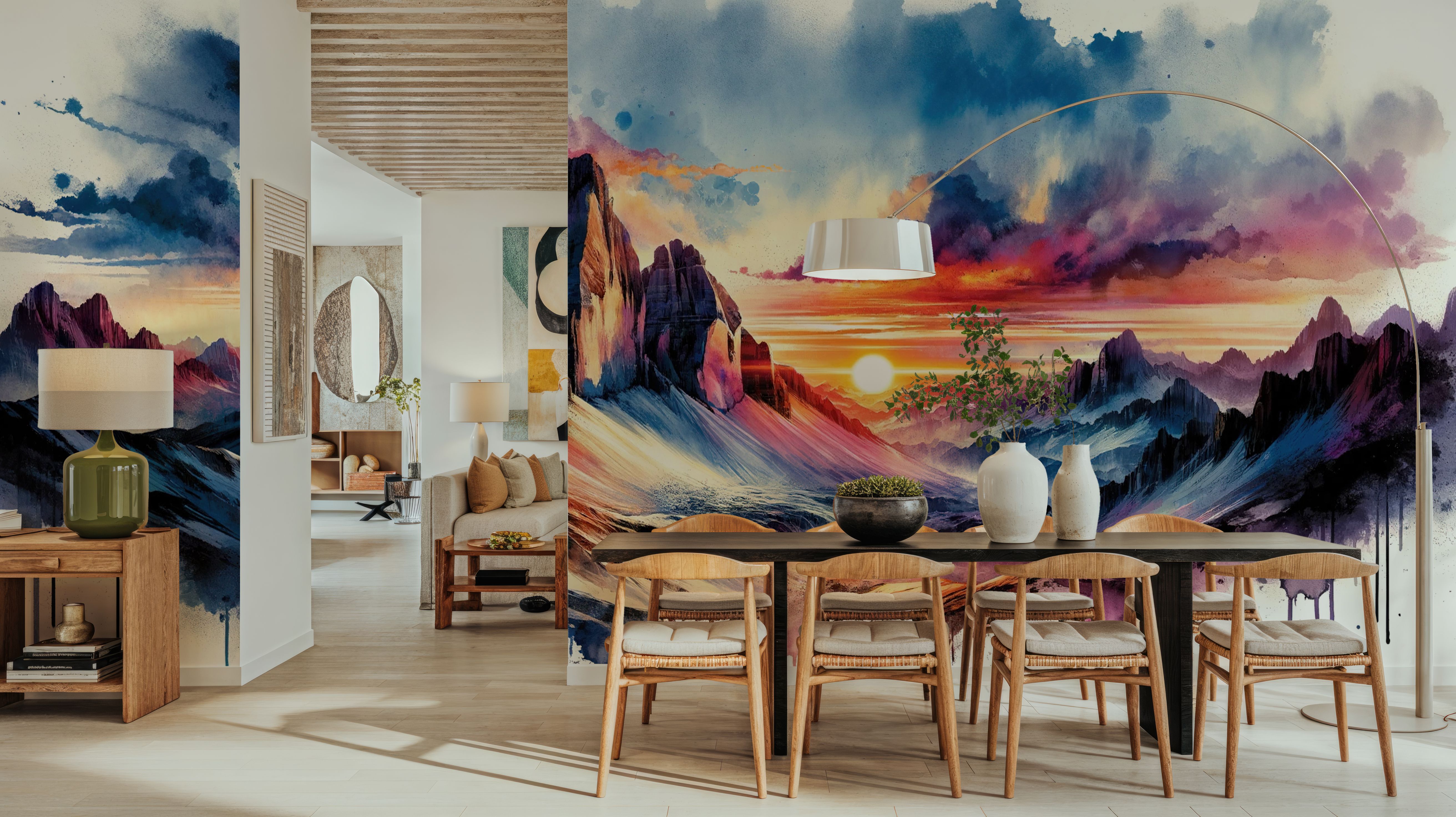 Watercolor Mountains Landscape At Sunset