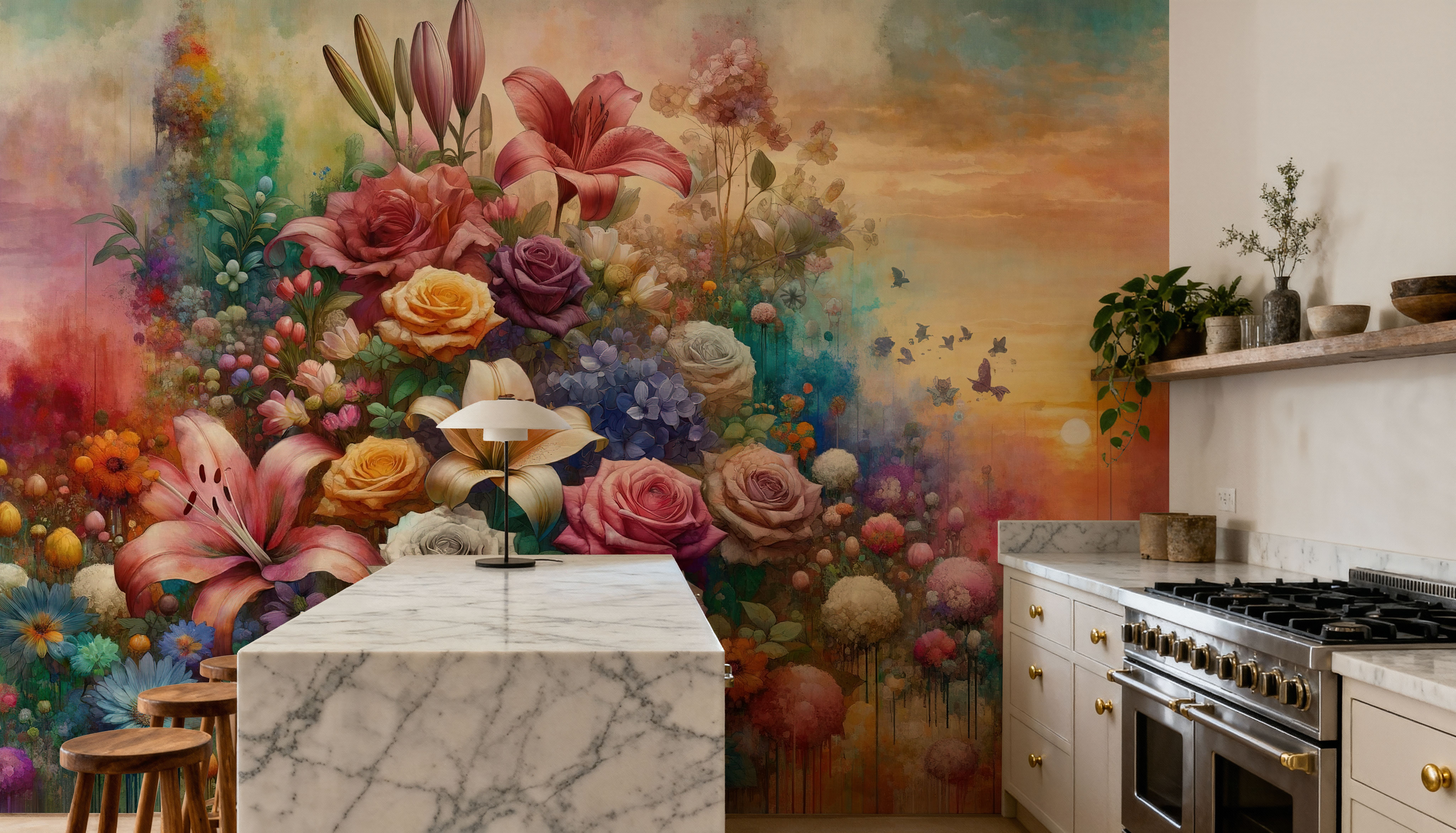 Watercolor Exuberant Garden At Sunse