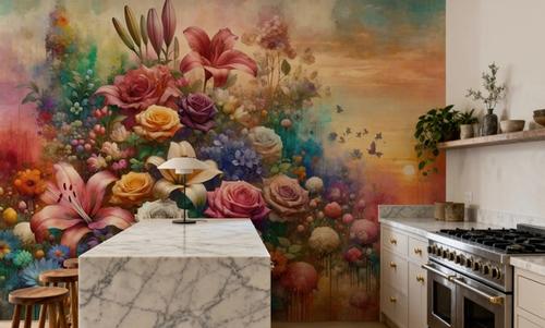Watercolor Exuberant Garden At Sunse