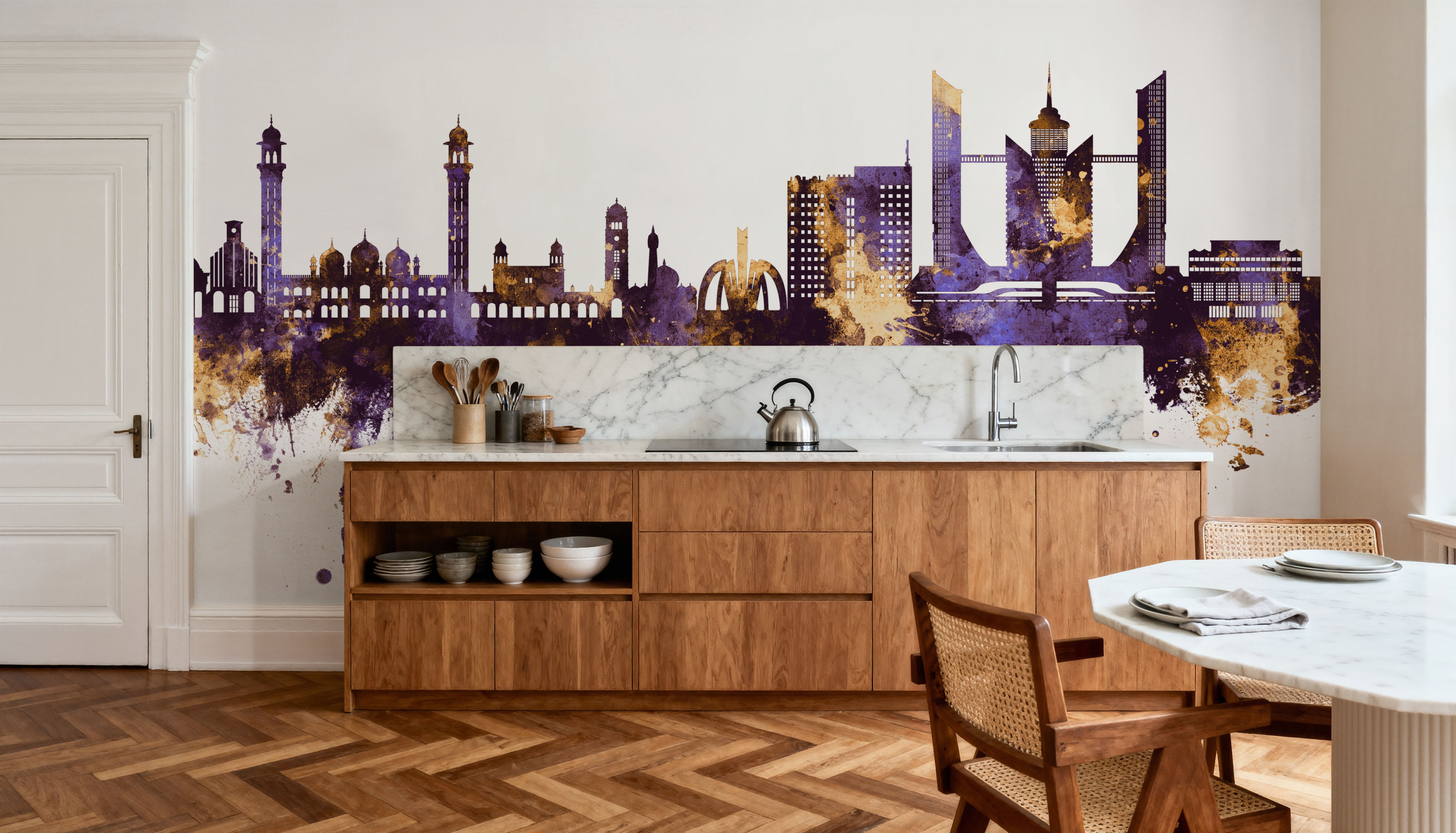 Faislabad Pakistan Skyline Purple & Gold, Wallpaper