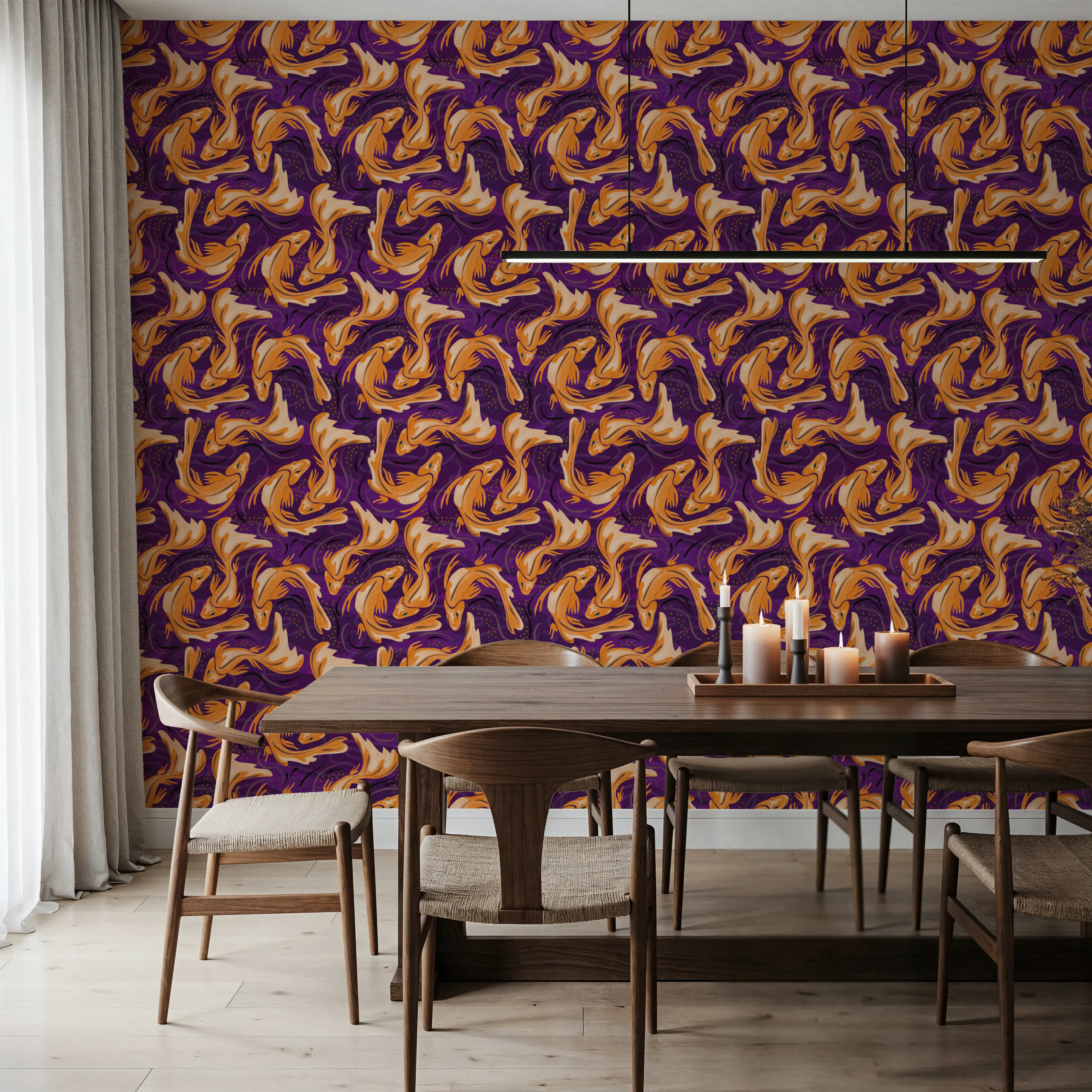 Wallpaper - Koi Fish, Purple - Graphics Animals - Orange - Living room - Wallism UK - Peel & Stick or Paste-the-Wall