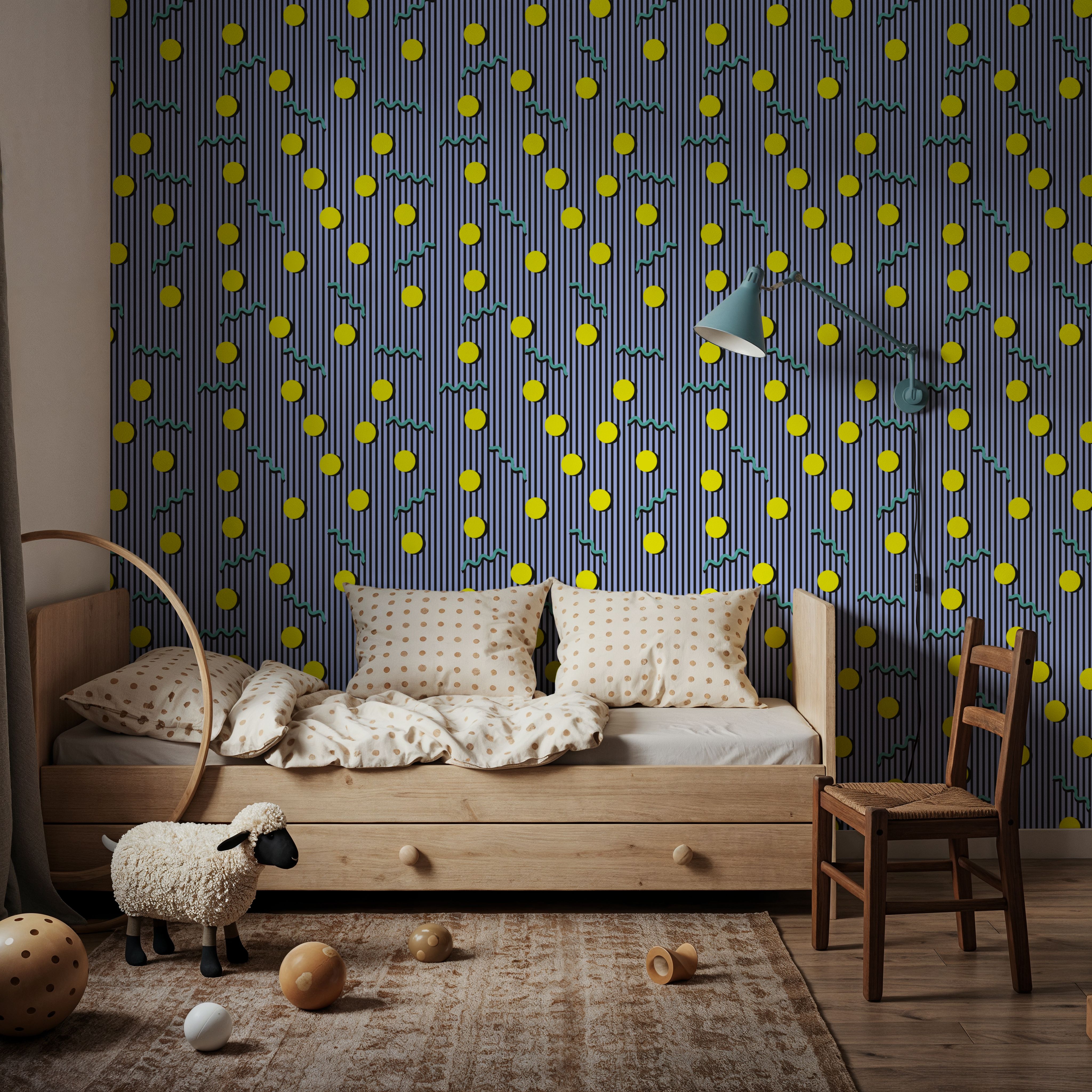 Memphis Dots & Stripes, Lilac, Wallpaper