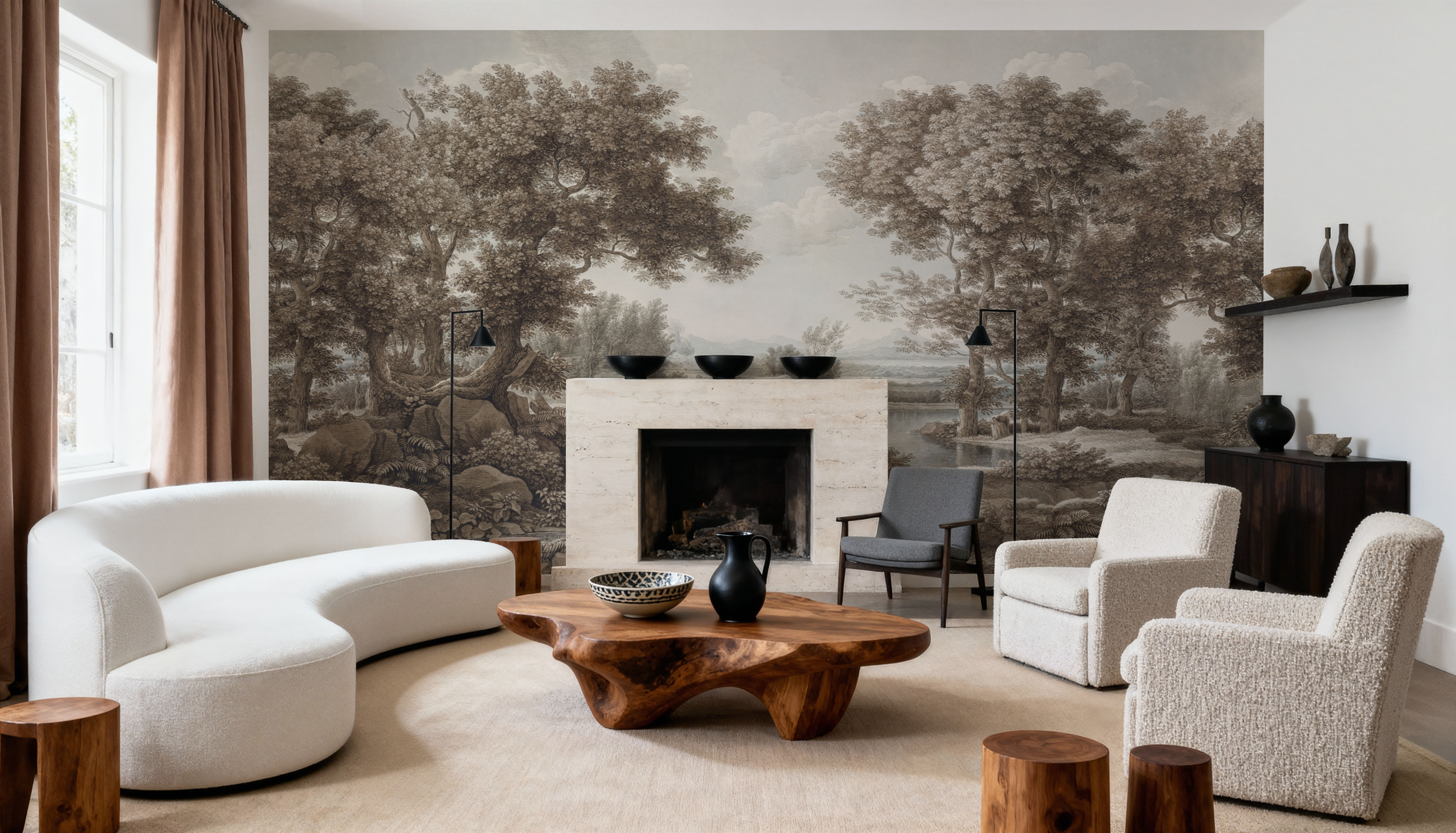 Riverbank Oak Landscape, Vintage, Tapeten