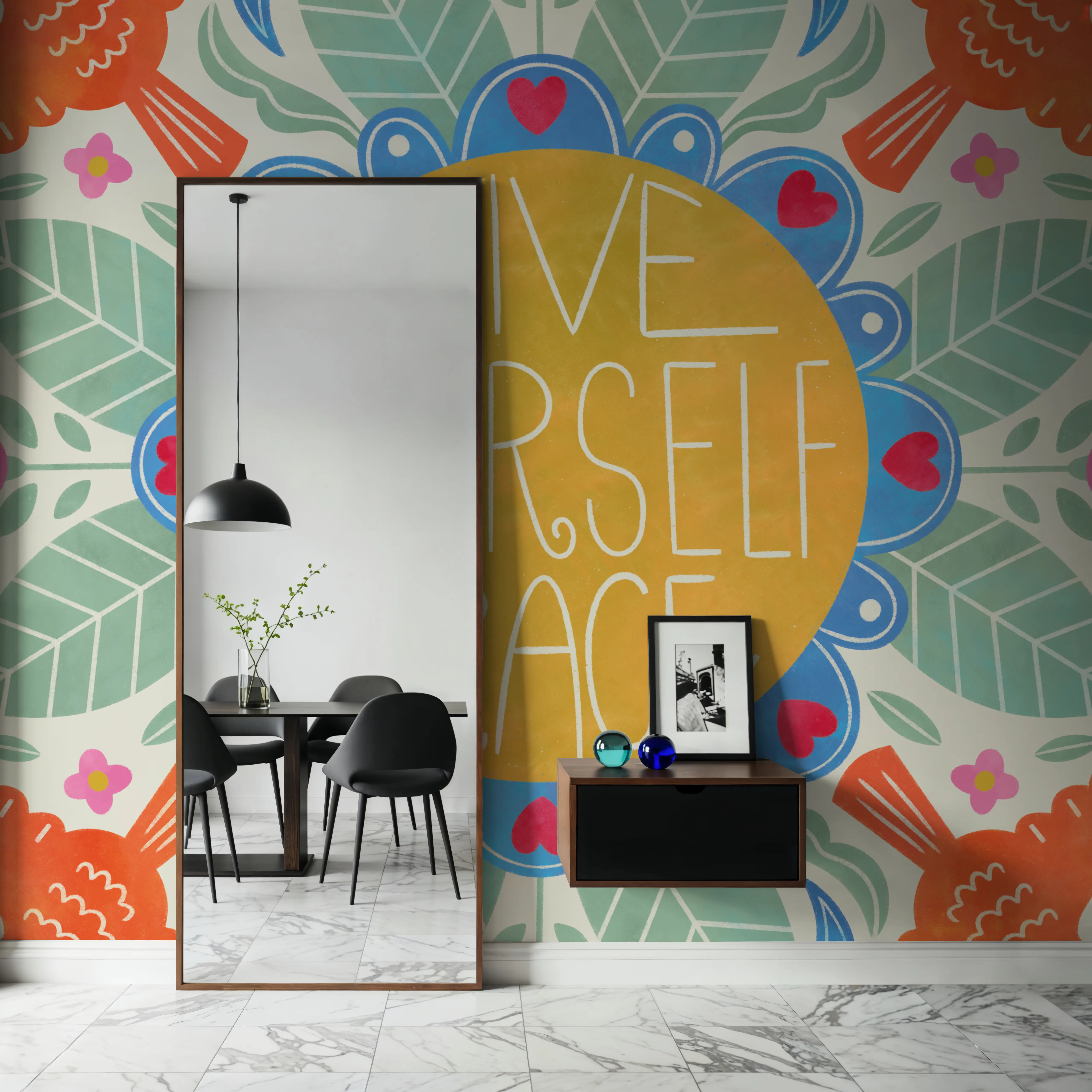 Fotobehang - Bloom Bright III - Vogels Spiritualiteit Mural - Geel - Eetkamer - Wallism België - Zelfklevend of Vliesbehang