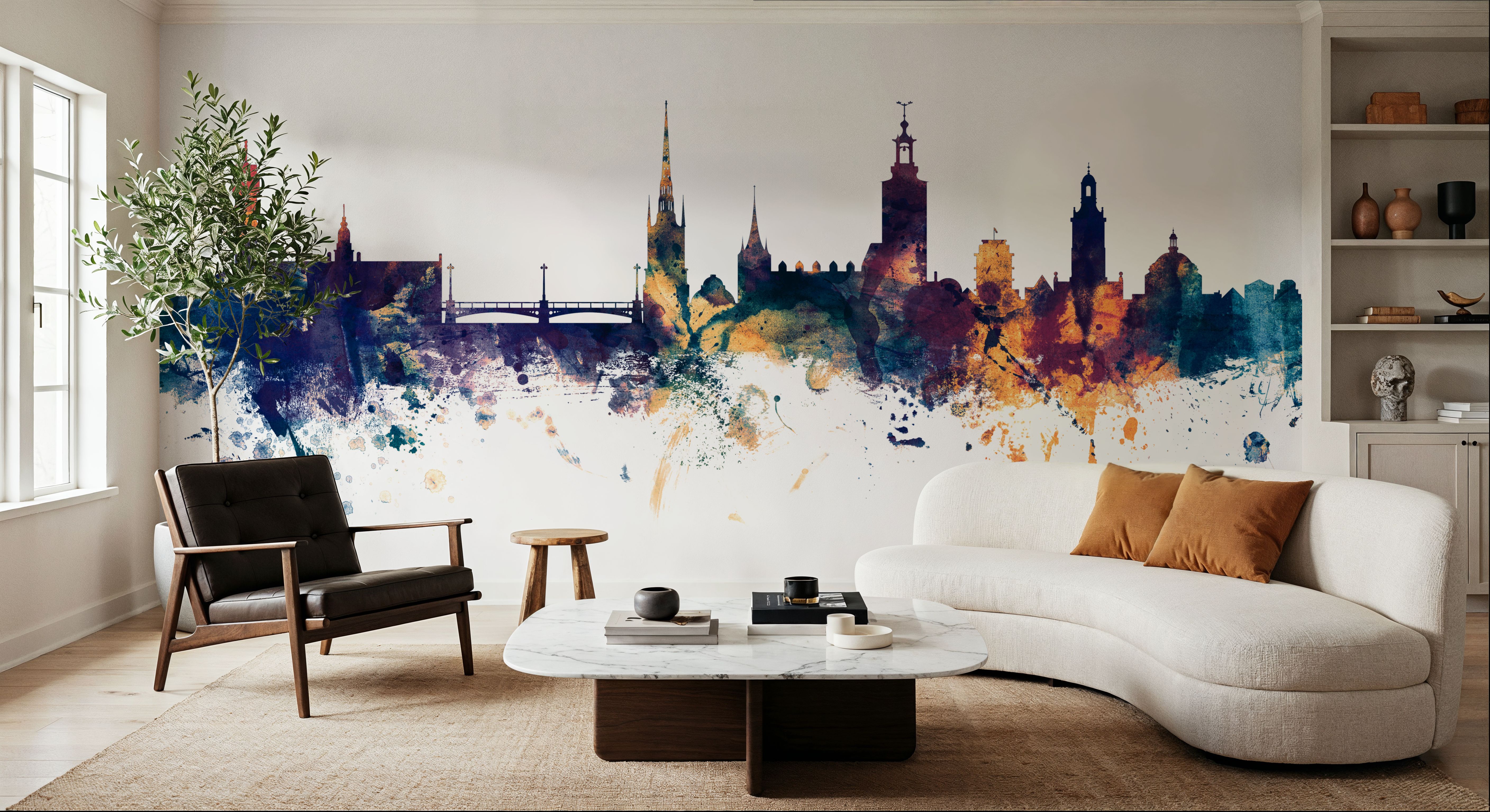 Stockholm Skyline Blue & Bronze, Wallpaper