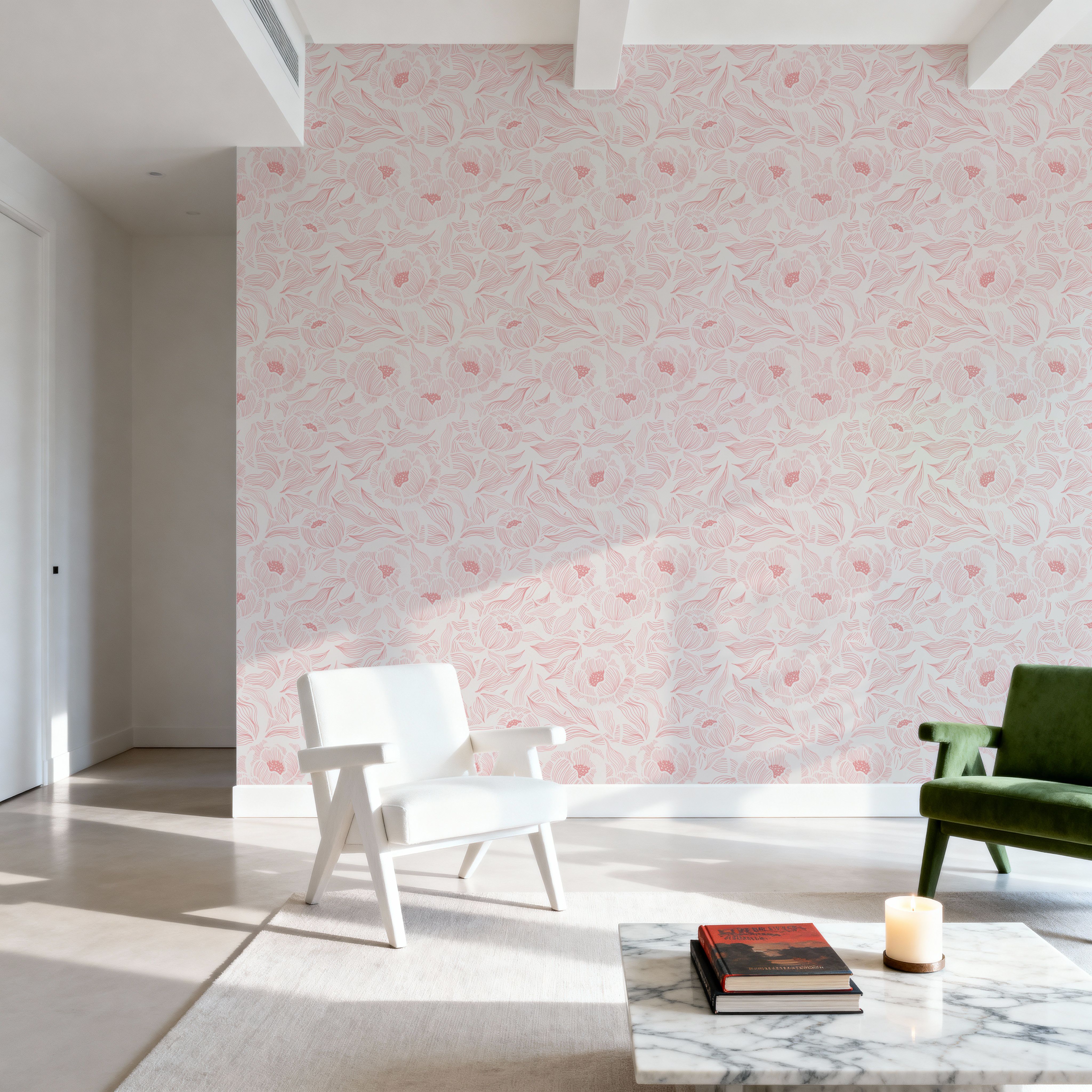 Hidden Peonies, Pink on White