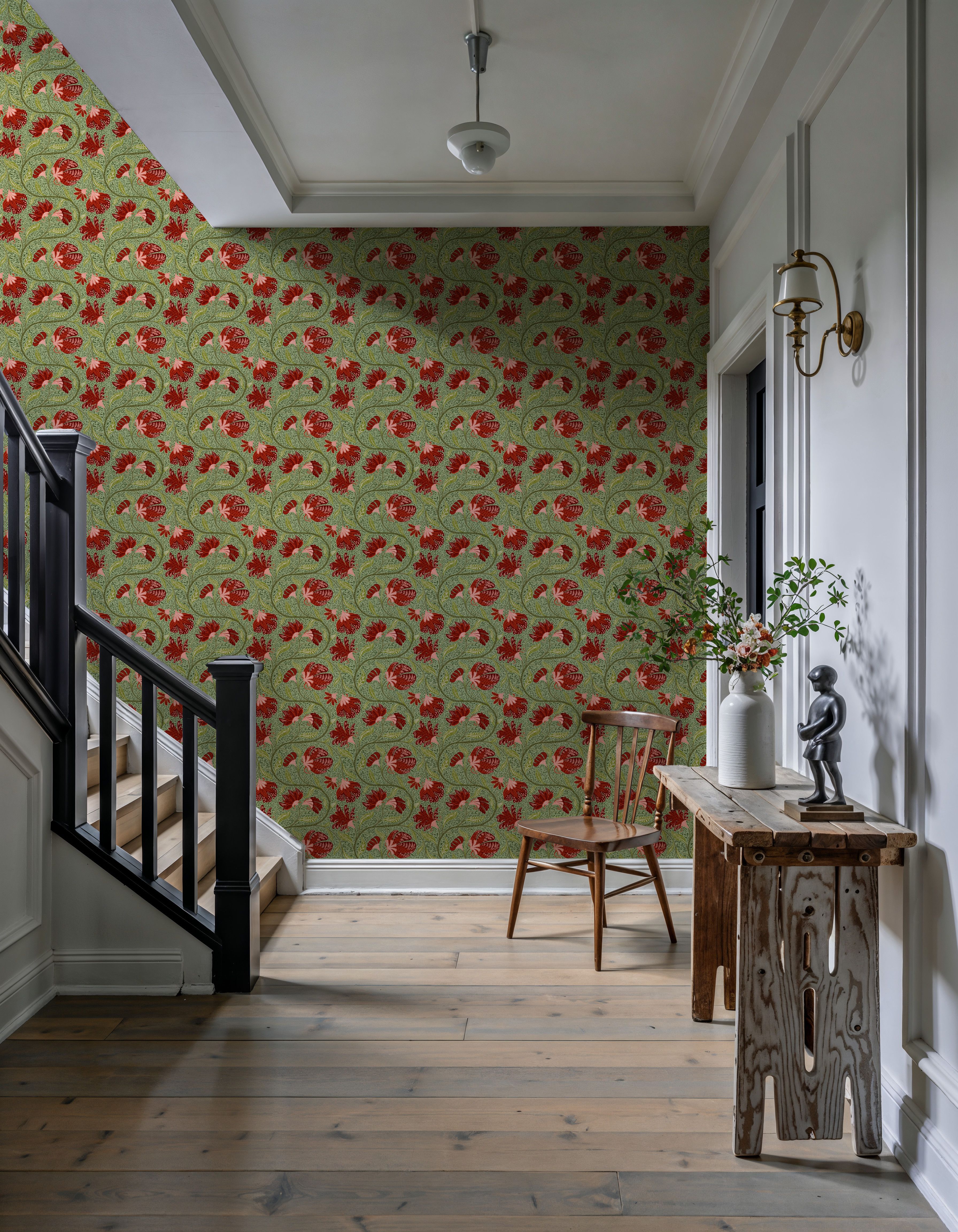 Indial Floral, Vermilion on Pistachio