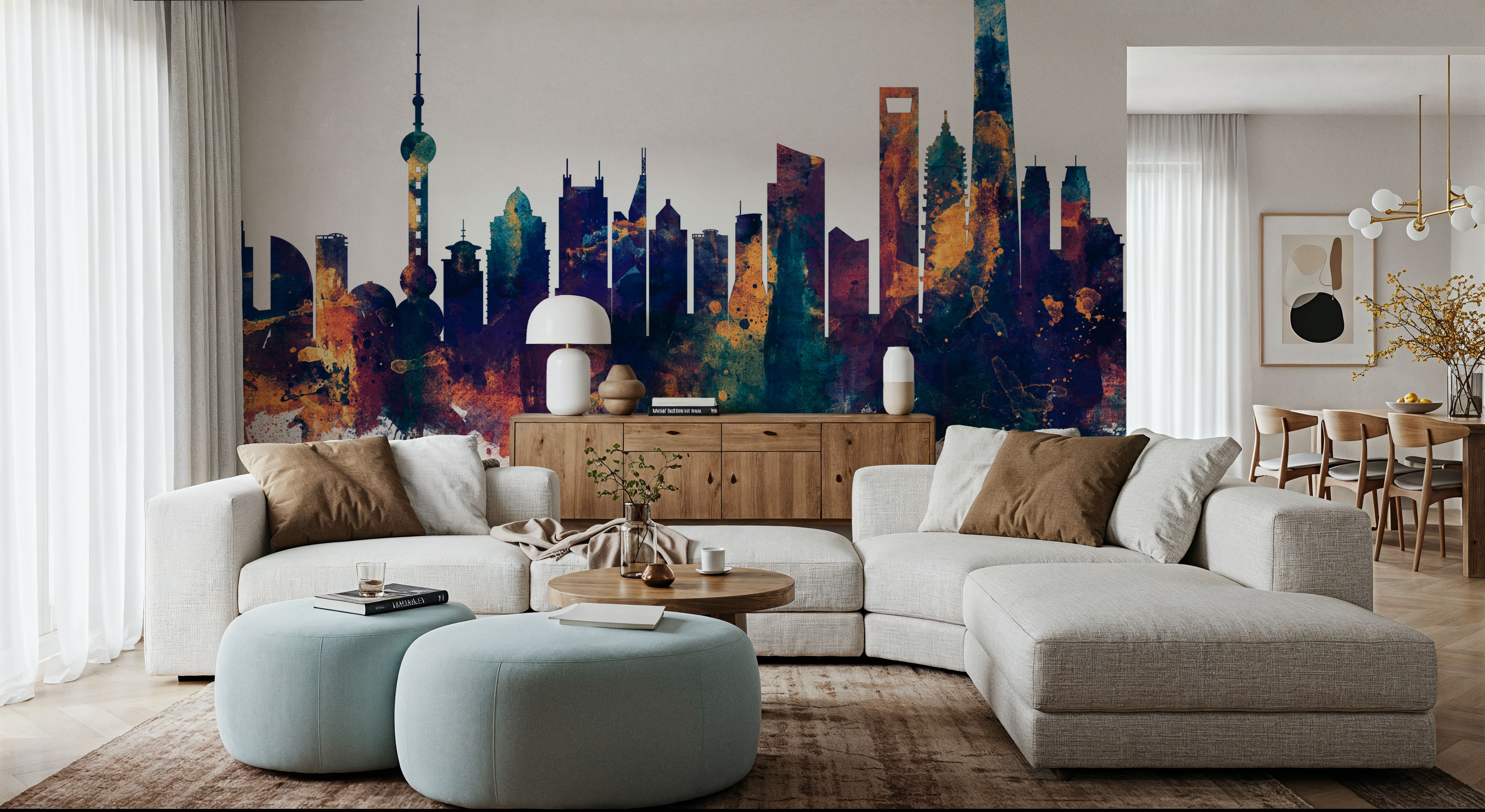 Shanghai China Skyline Blue & Bronze