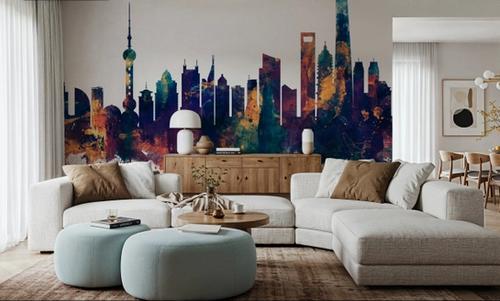 Shanghai China Skyline Blue & Bronze