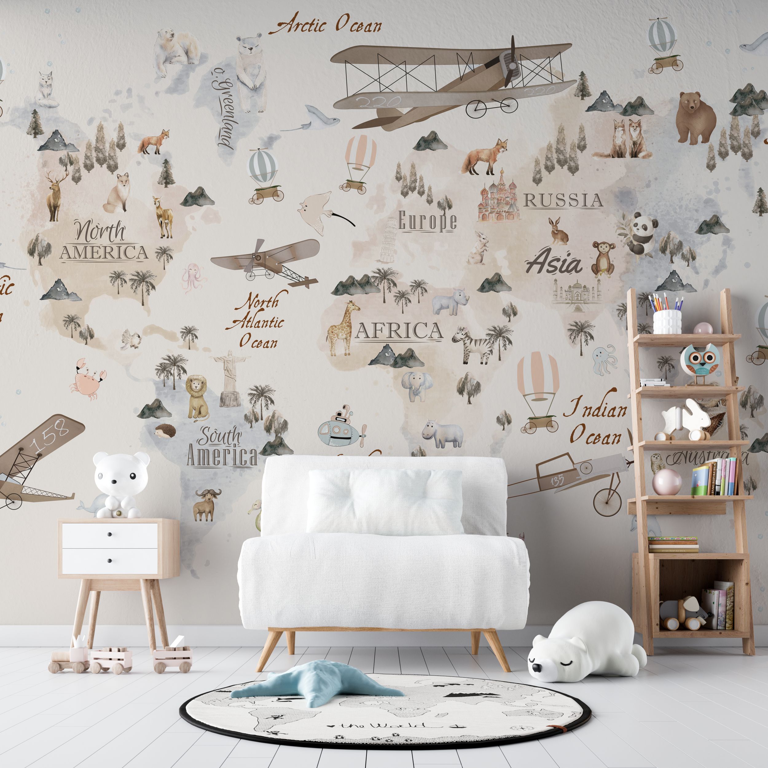 World Map Mural in Neutral