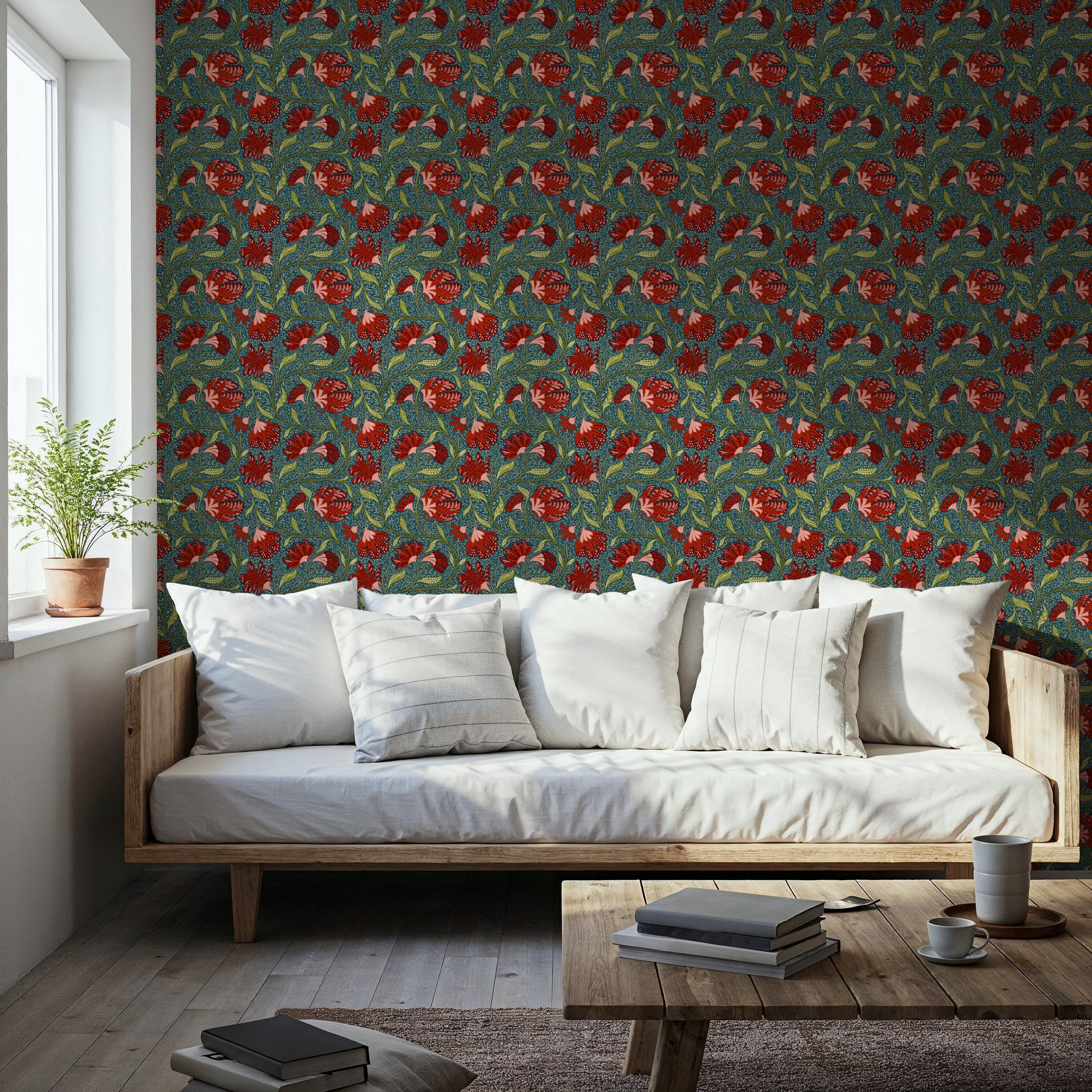 Indial Floral, Vermilion on Teal, Tapety