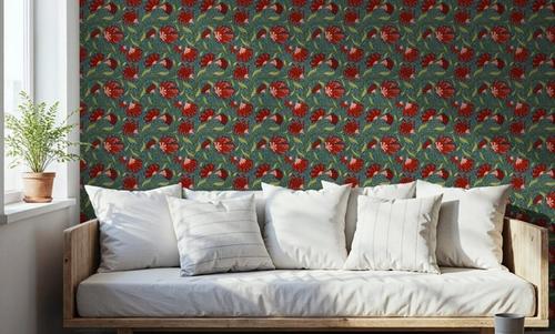 Indial Floral, Vermilion on Teal