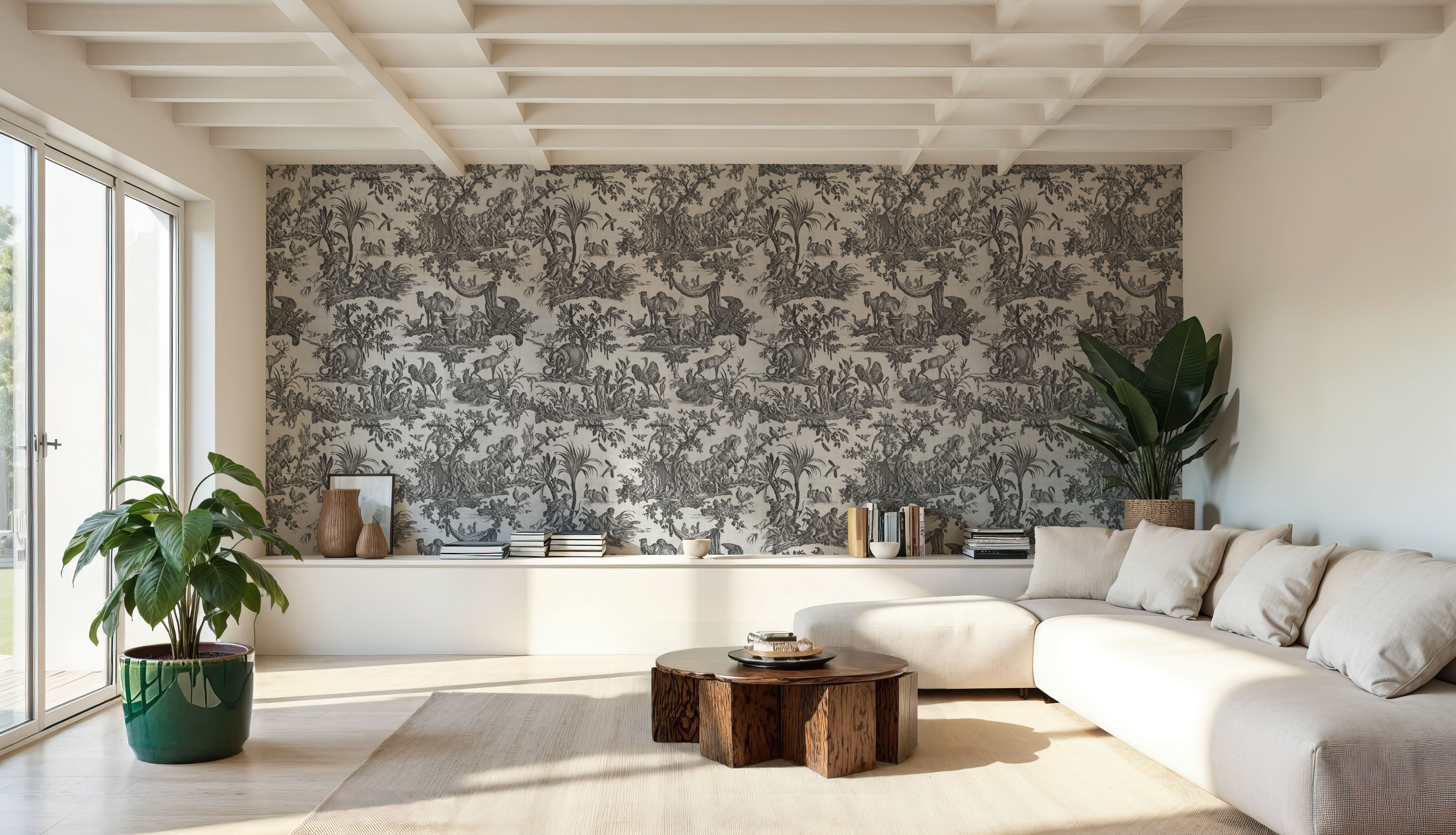 Patinated Linen Toile de Jouy, B&W