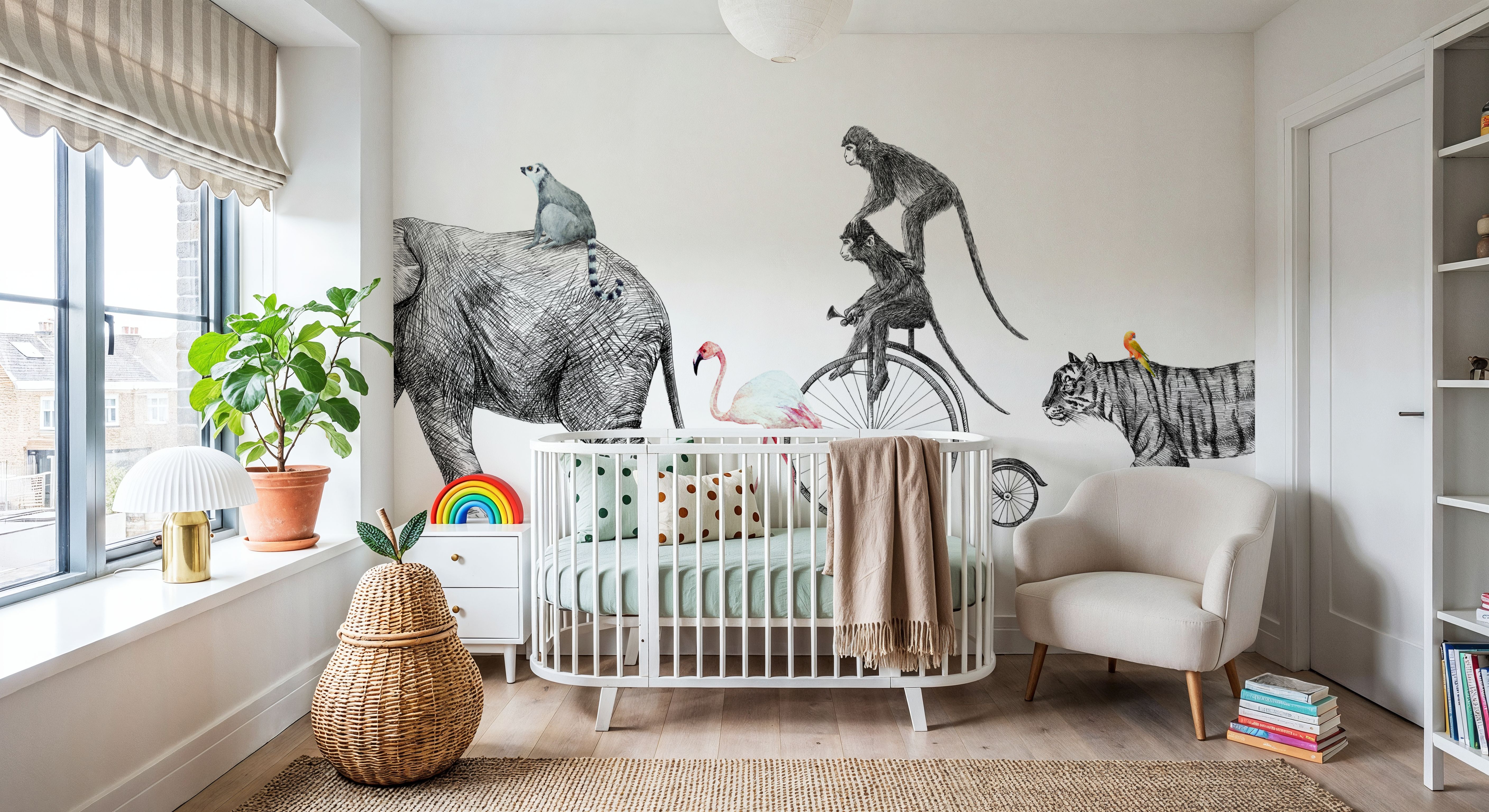 Fun Illustration of Elephant, Tiger & Monkeys on a Walk, Papel pintado