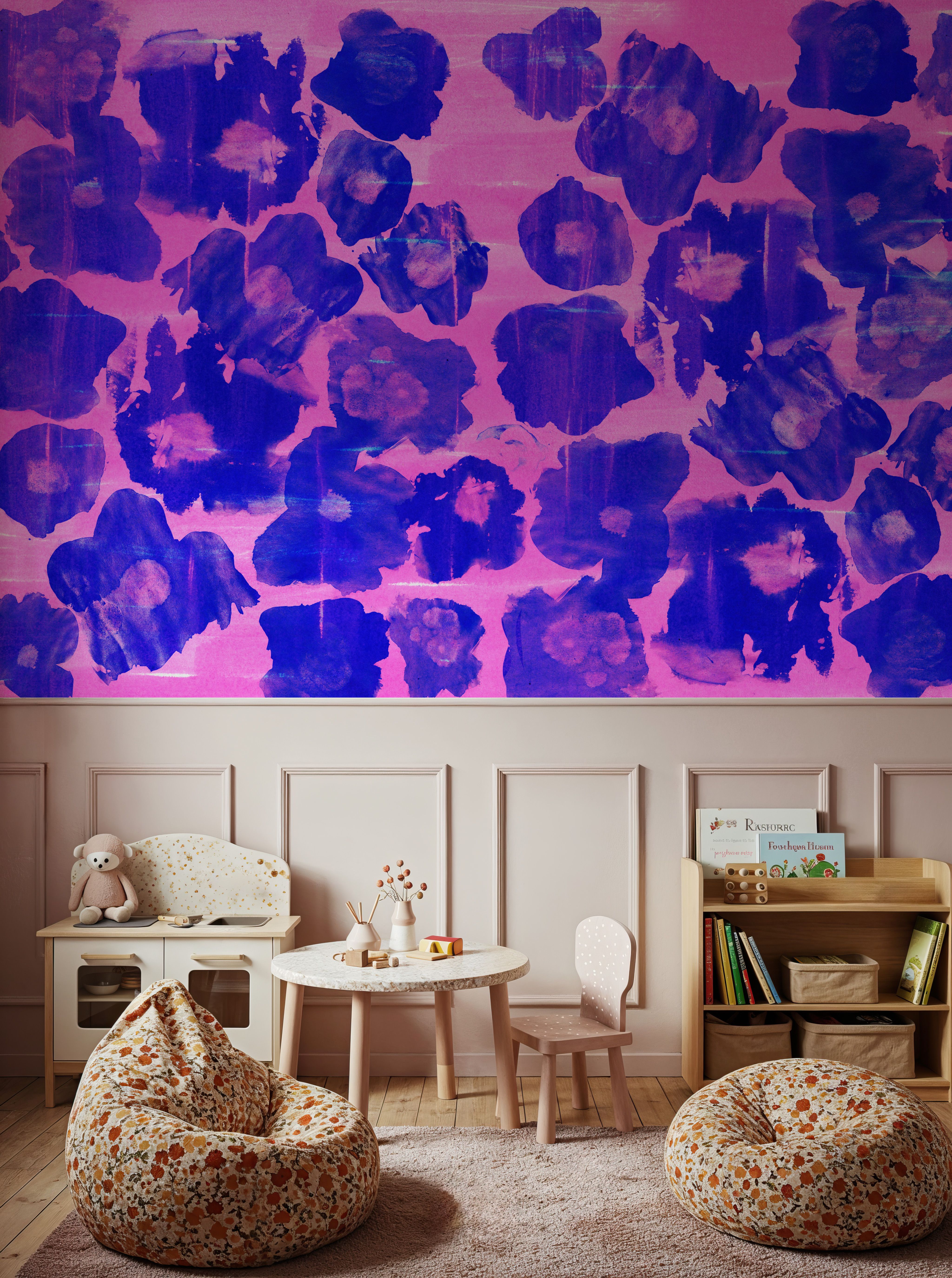 Flower Poufs, Indigo on Pink