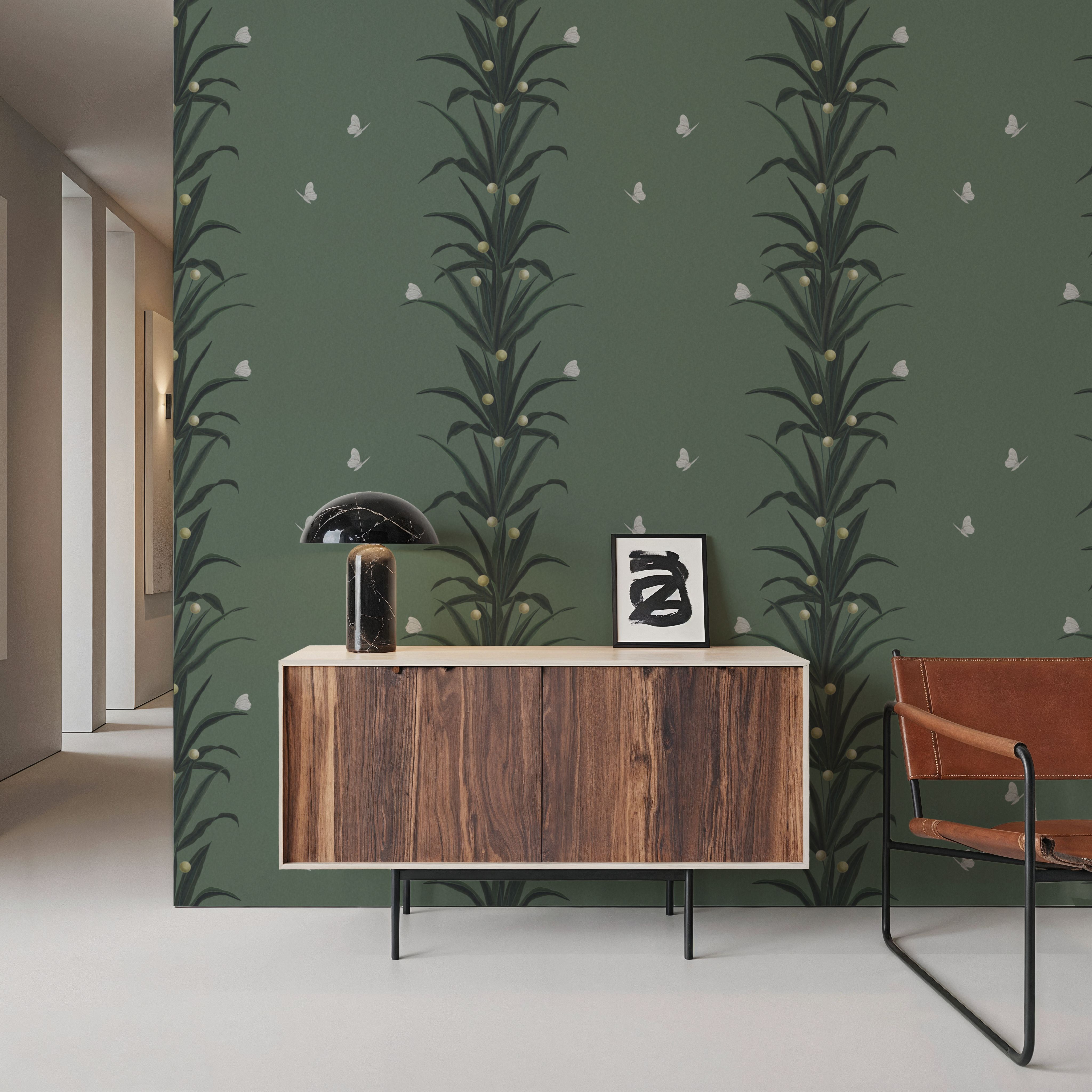 Foliage & Butterflies - Sage, Wallpaper