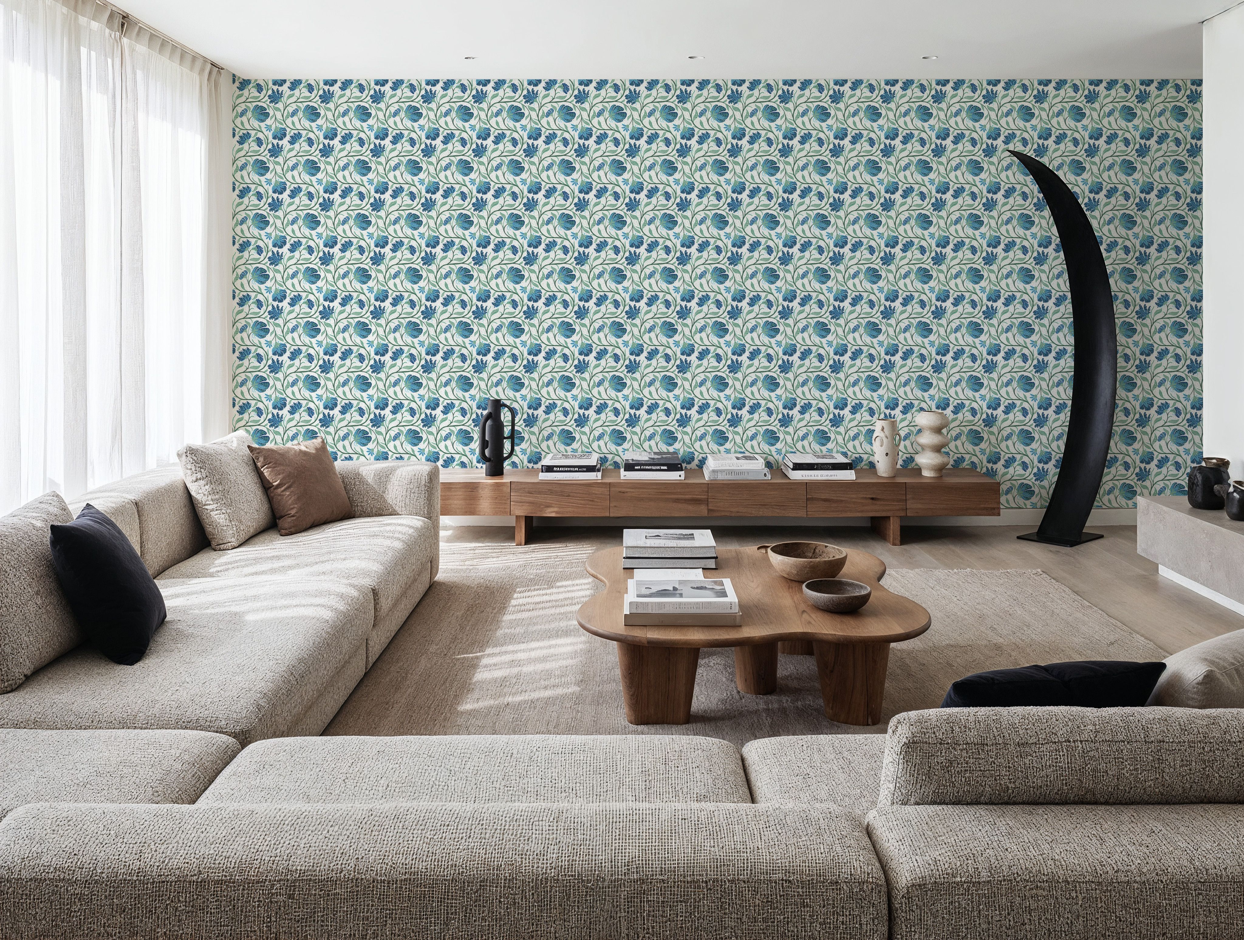 Indial Floral, Teal on Cream