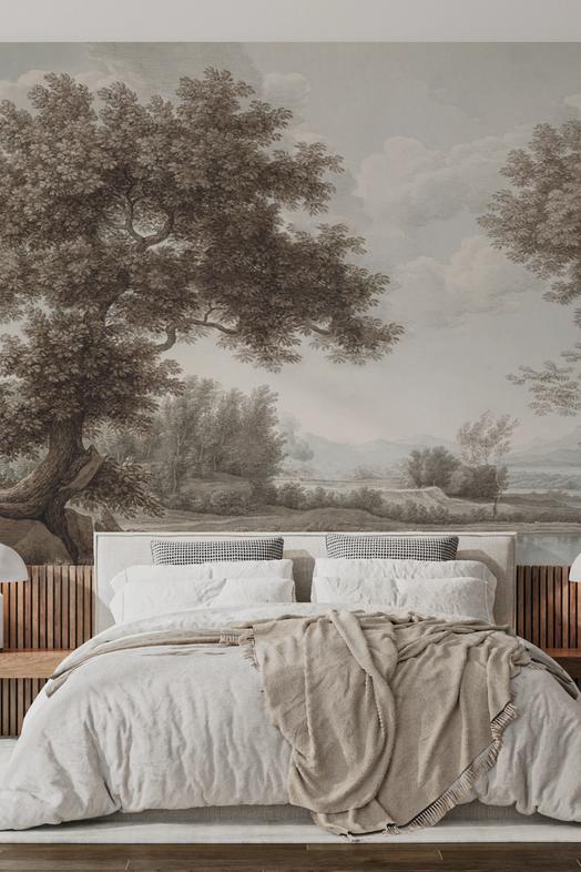 Riverbank Oak Landscape, Vintage