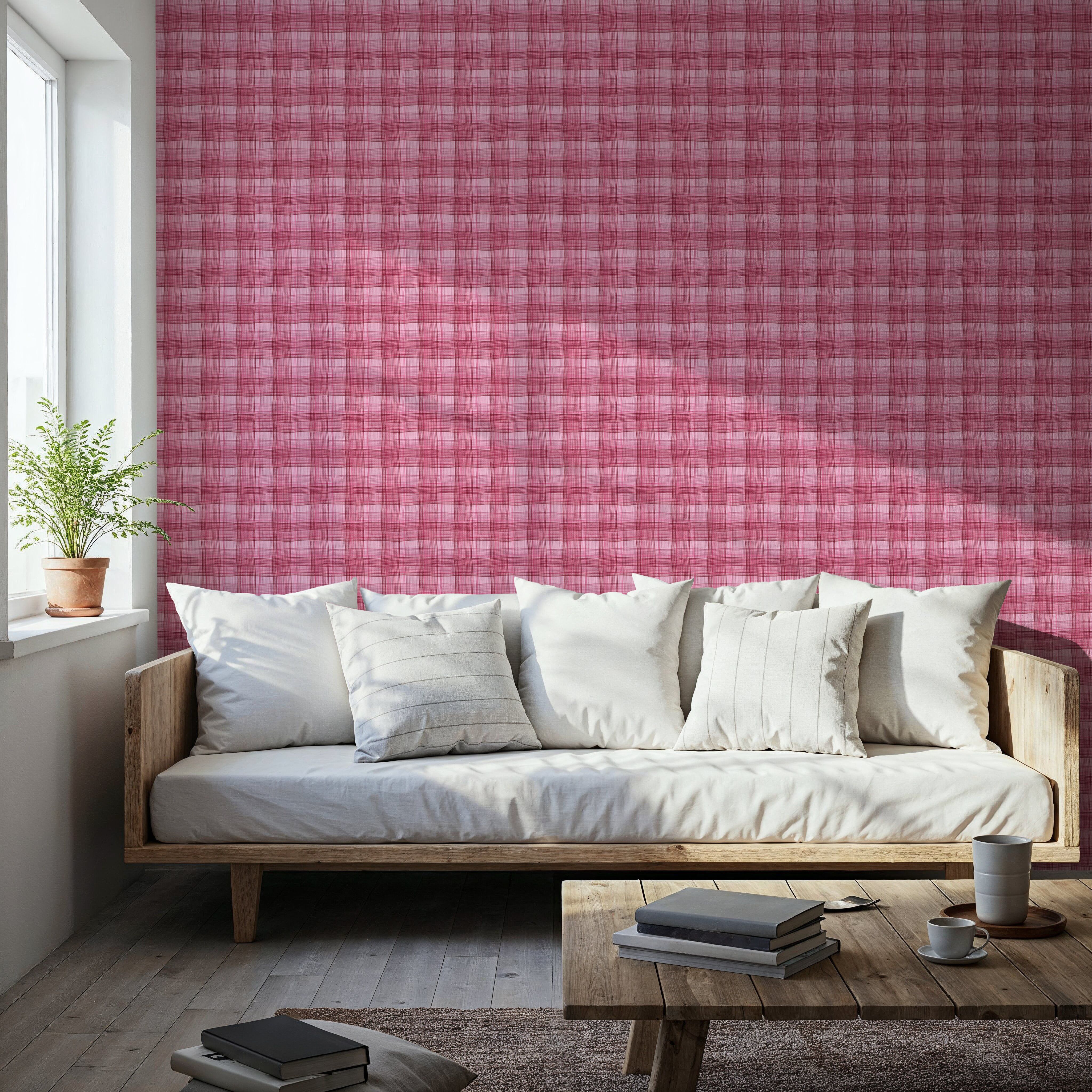 Stripy Gingham, Raspberry, Papel de parede