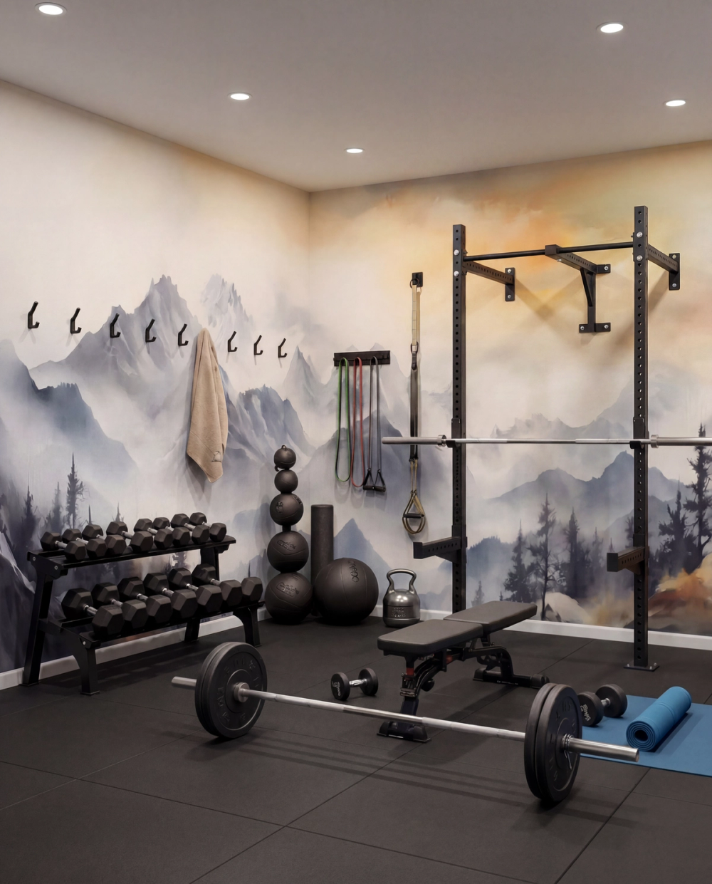 a photo of a home gym with a mountain horizon wall mural