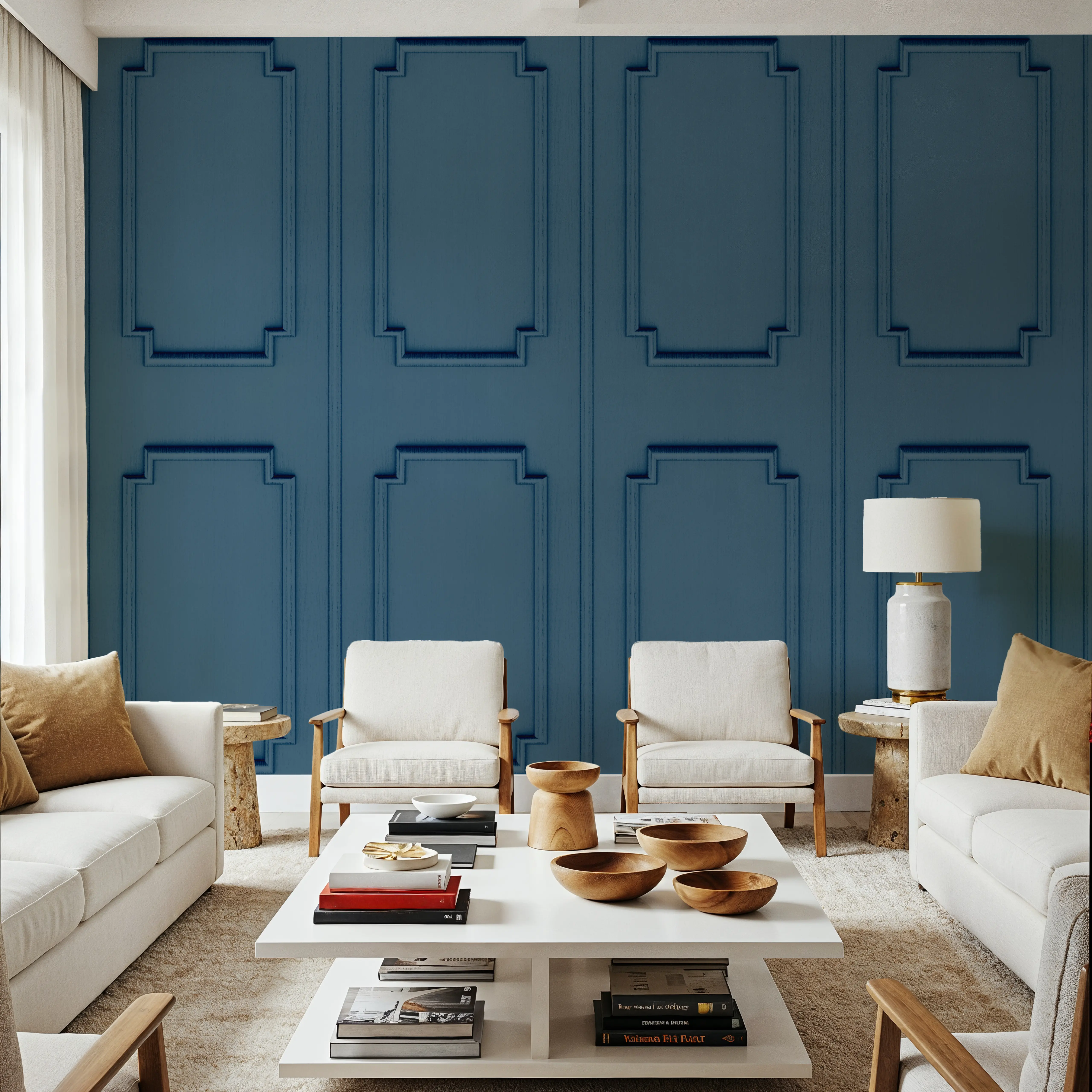 Wall Mural - Faux Wall Panel Moulding, Sky Blue - Wall Panelings mural wallpaper - Blue - Living room - Wallism UK - Peel & Stick or Paste-the-Wall