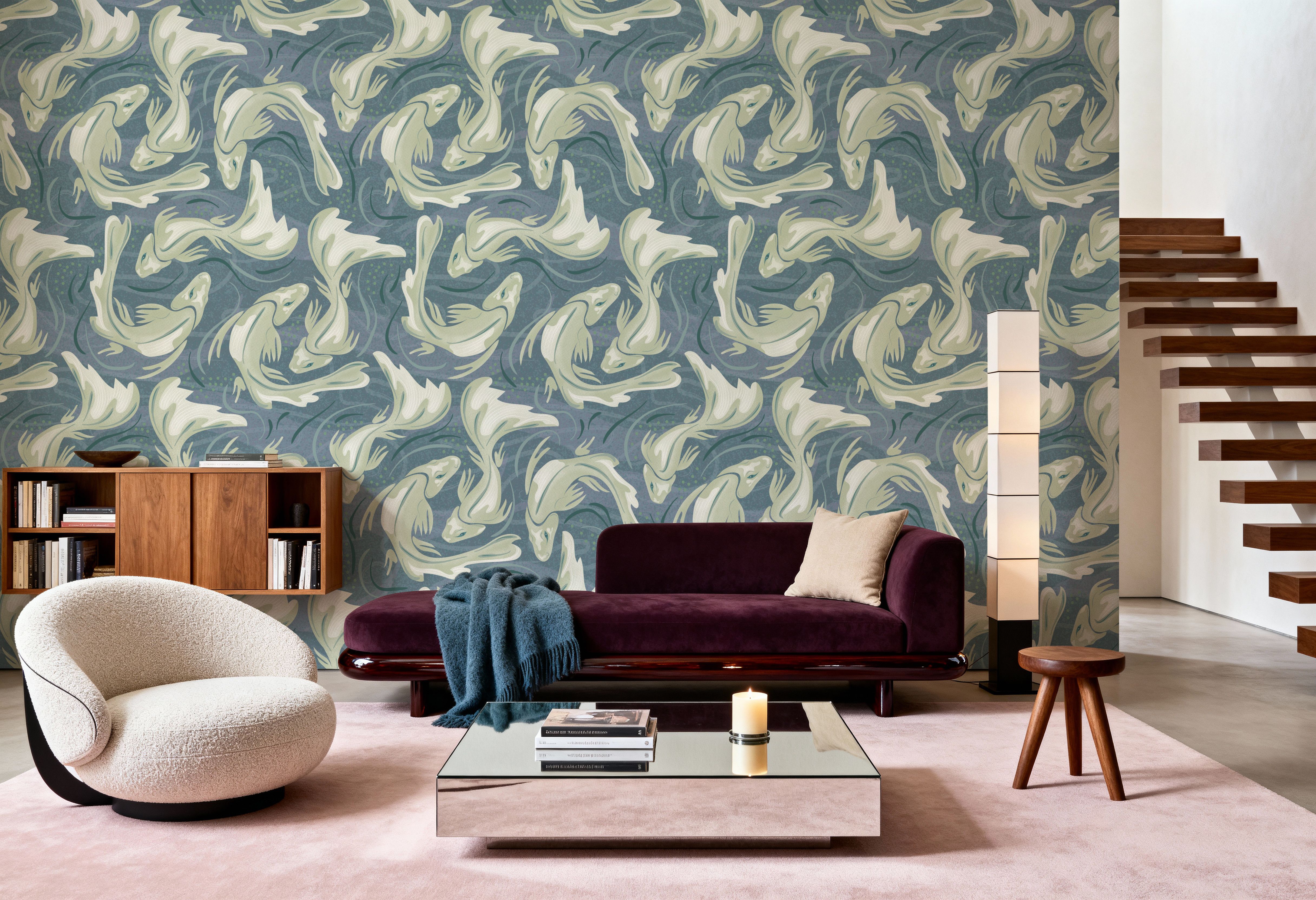 Koi Fish, Seafoam, Wallpaper