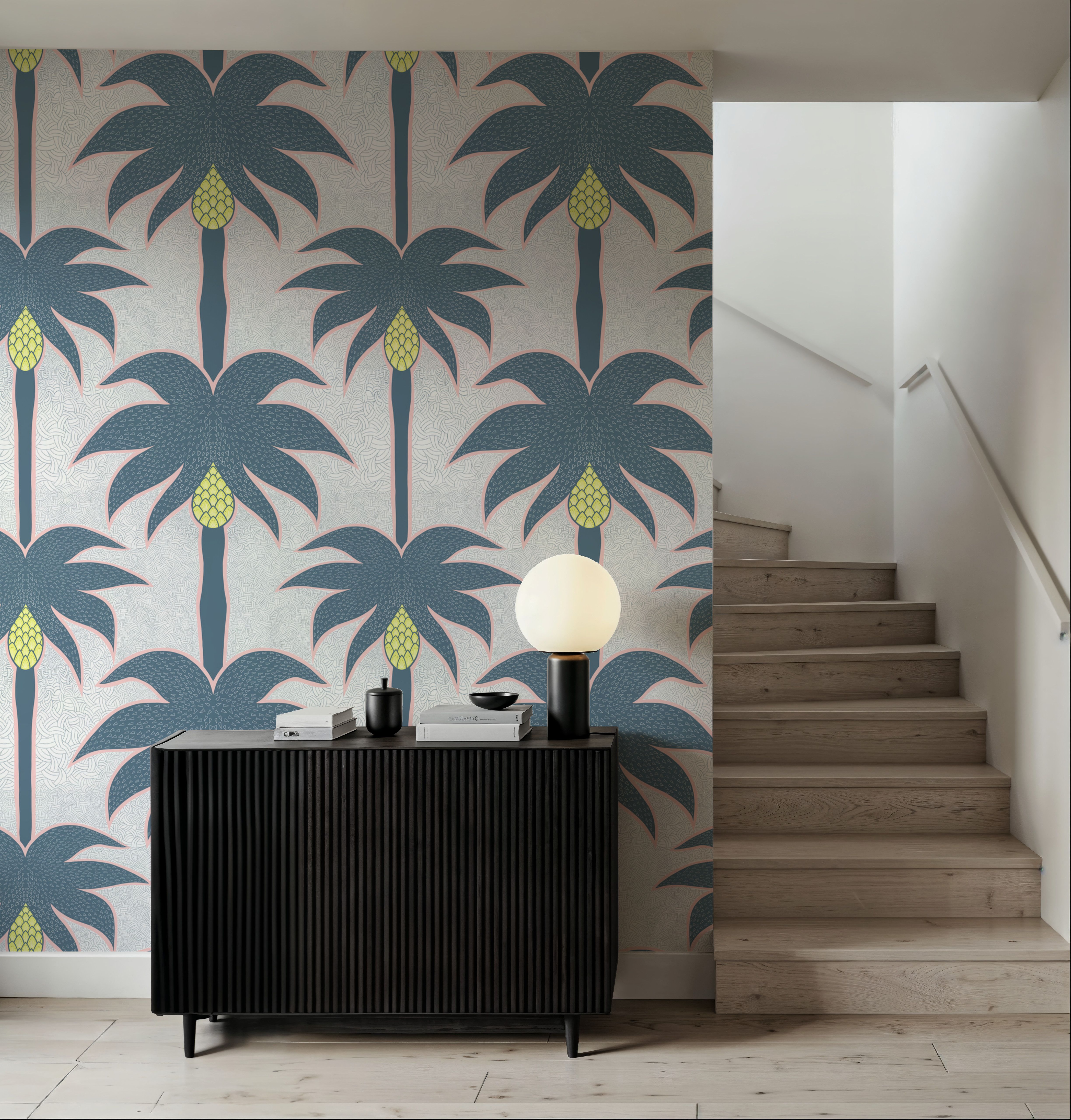 Graphic Palms, Teal, Wallpaper