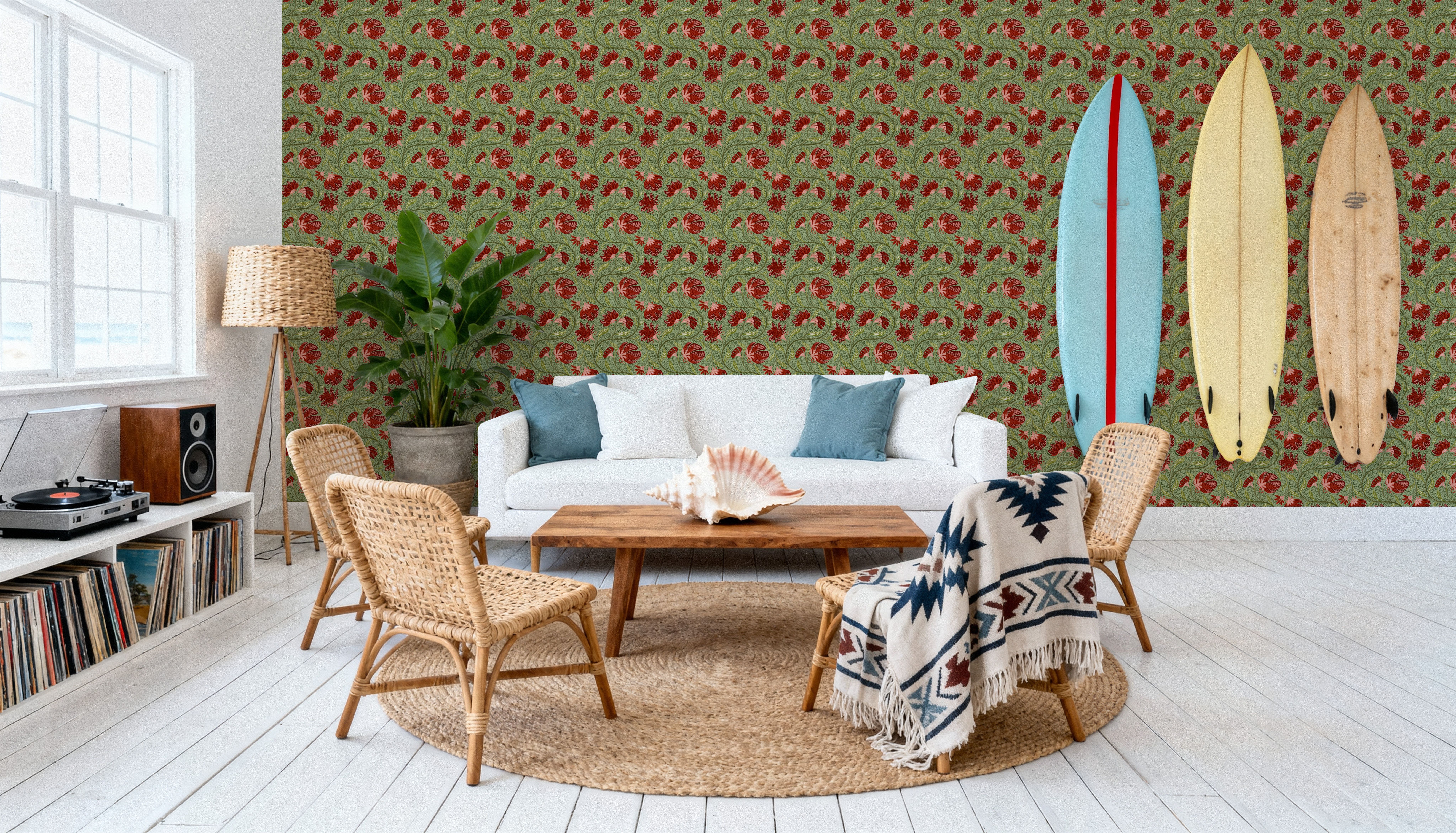 Indial Floral, Vermilion on Pistachio