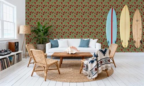 Indial Floral, Vermilion on Pistachio