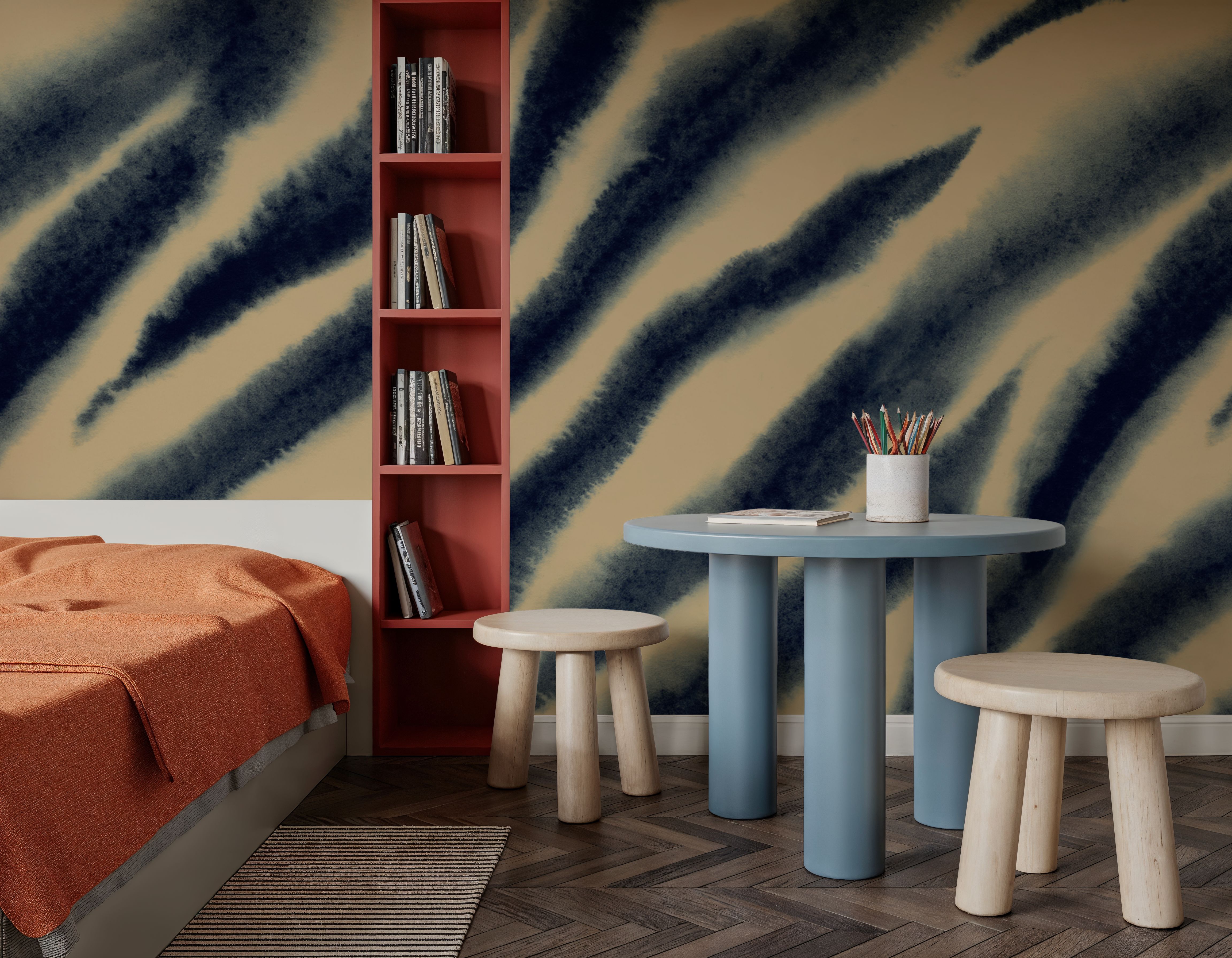 Watercolor Tiger Stripes, Blue on Beige