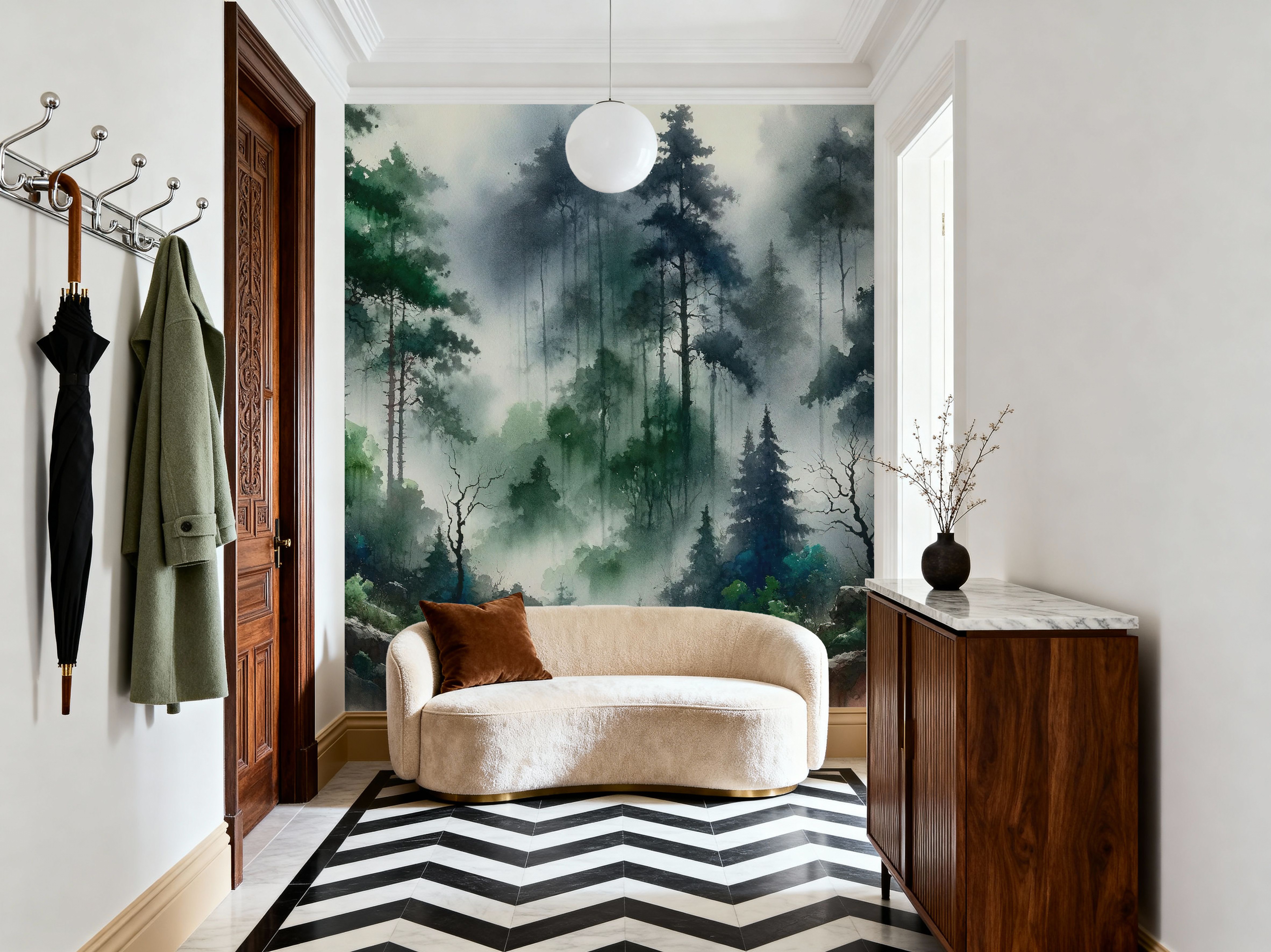 Foggy Lush Forest with Dense Trees, Wallpaper