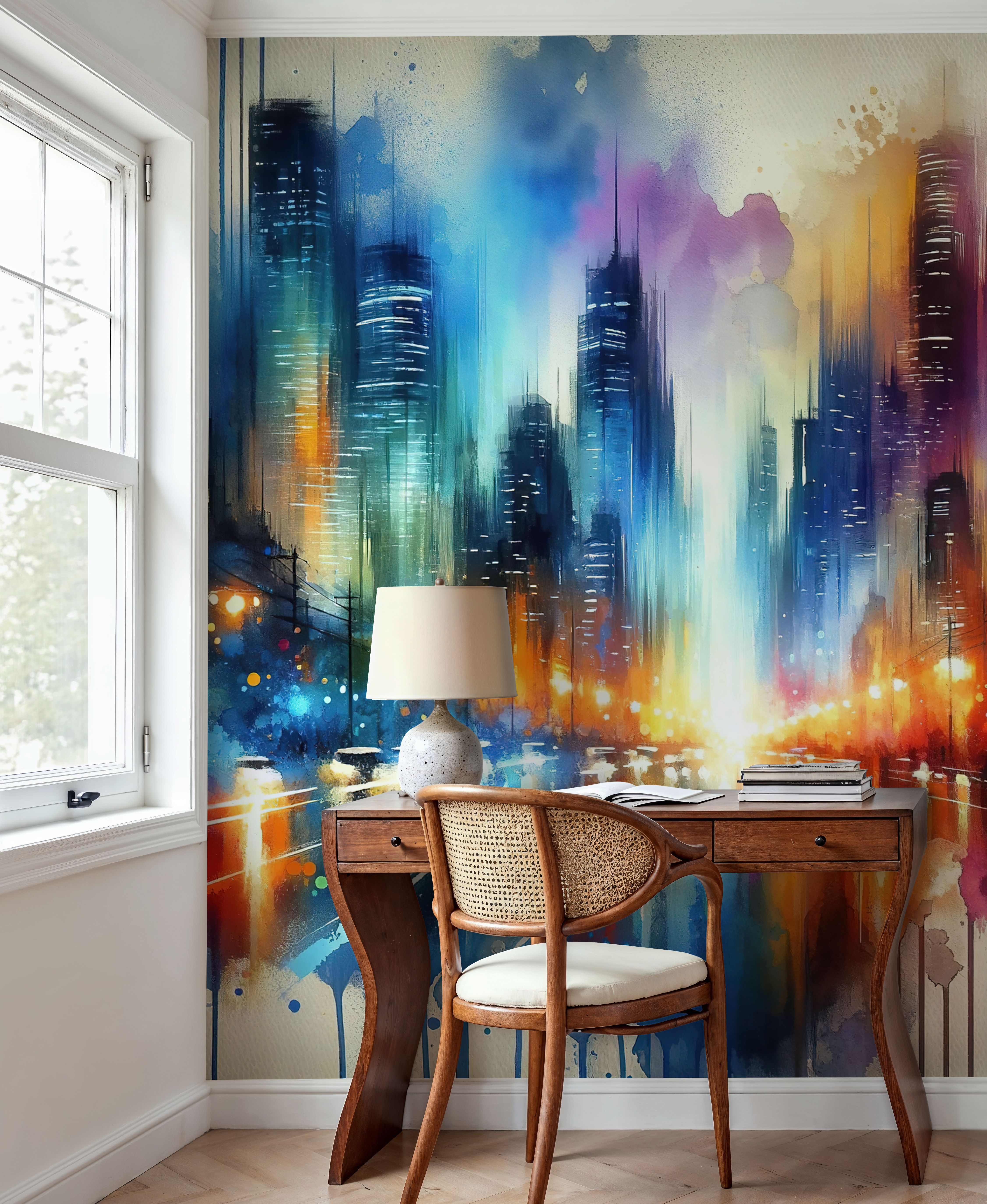 Watercolor Abstract Skyline At Night