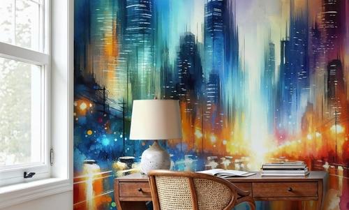 Watercolor Abstract Skyline At Night