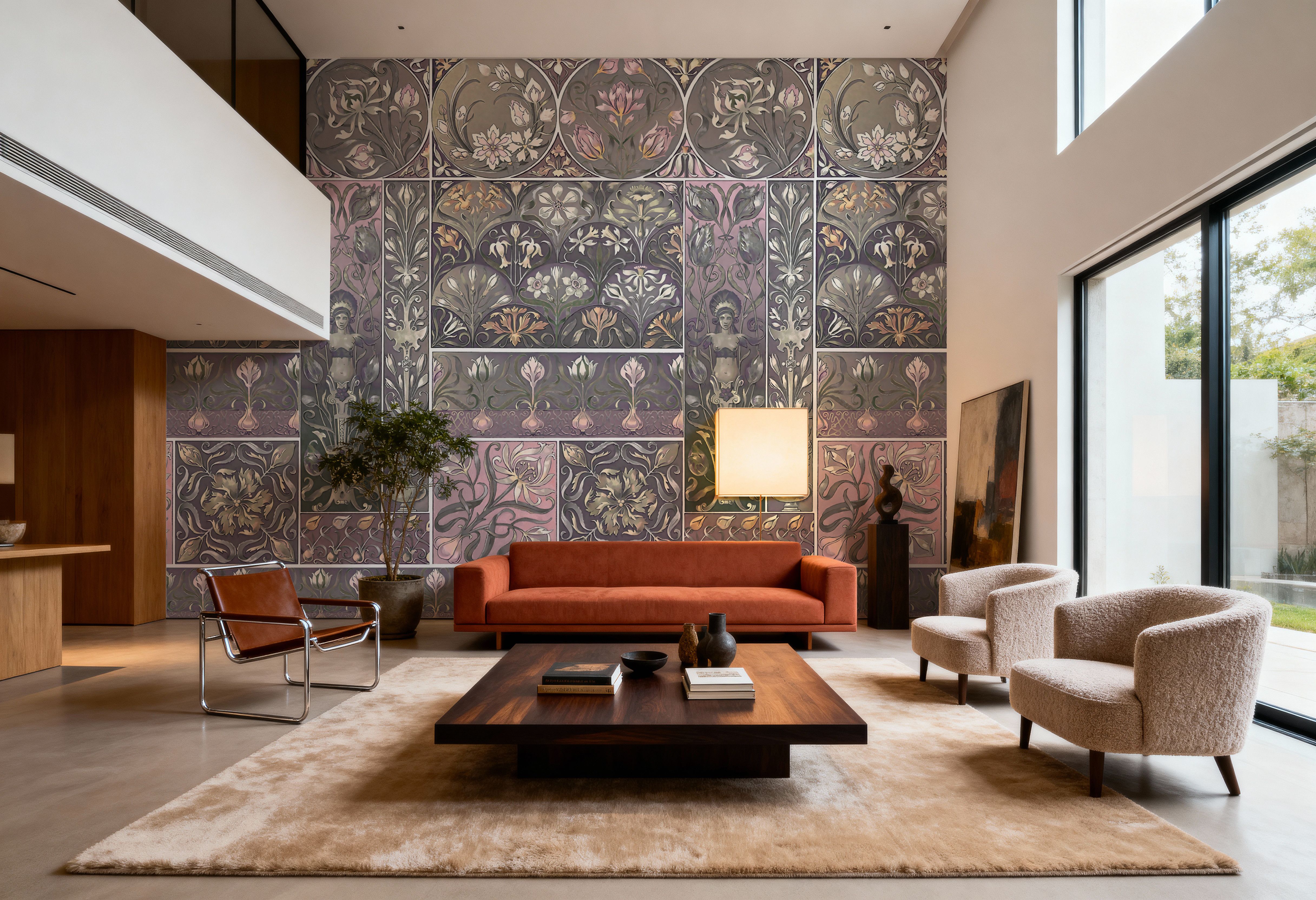 Art Deco Floral Wall Pink, Wallpaper